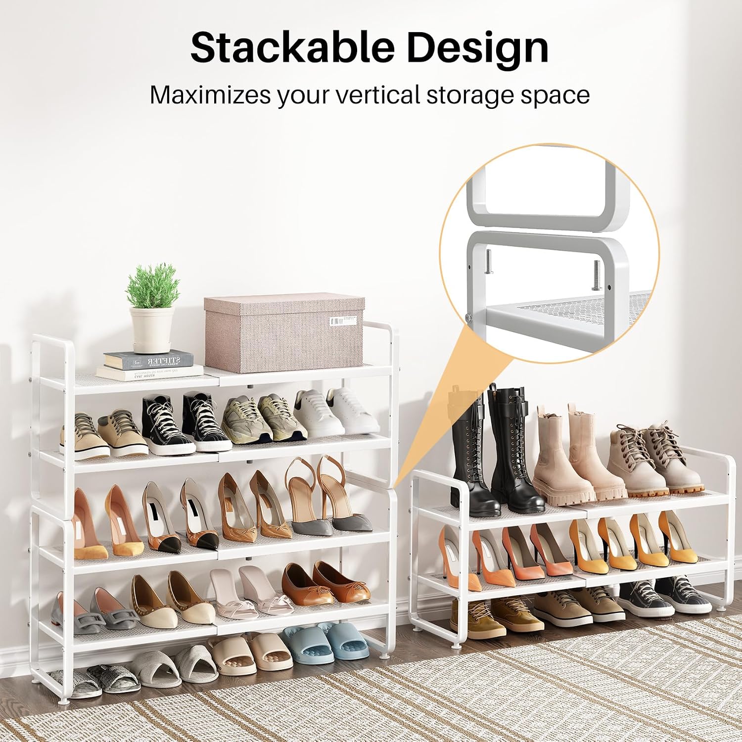 Detalle 2 de SNTD SN-NM-SR-WT-2T-HXJ Expandable 2-Tier Metal Shoe Rack, White