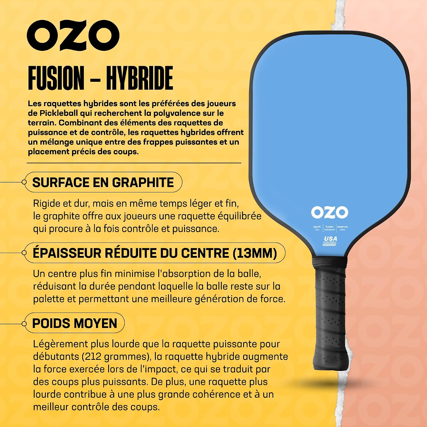 Detalle de OZO Pickleball Spark Fusion Essence – Raquette hybride débutant en Graphite, USAPA approuvée