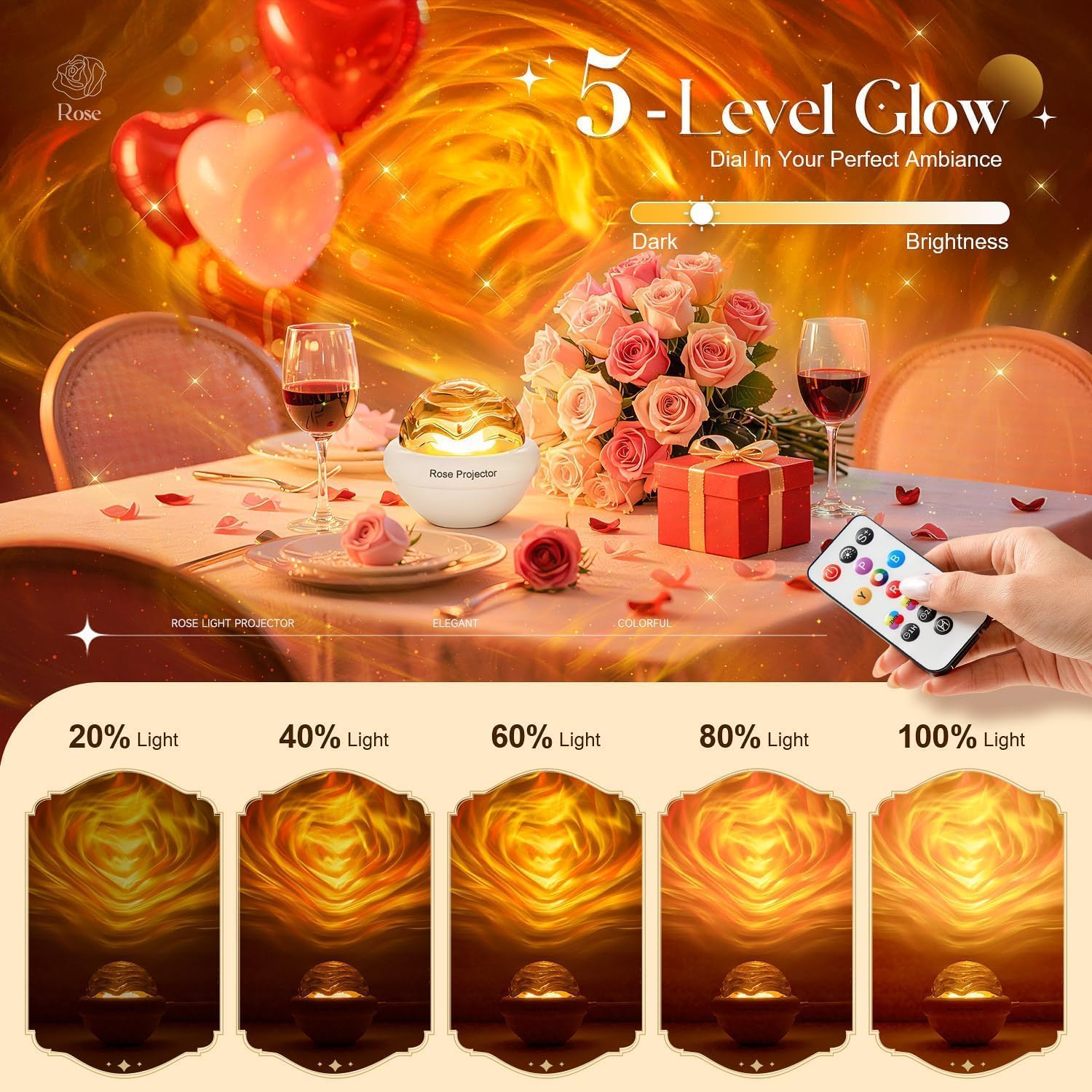 Thumbnail 3 de PIKOY Rose Sunset Lampe: Polarlicht-Projektor mit Rosenmuster für Teens – 15 Farben, Timer und dimmbare indirekte Beleuchtung