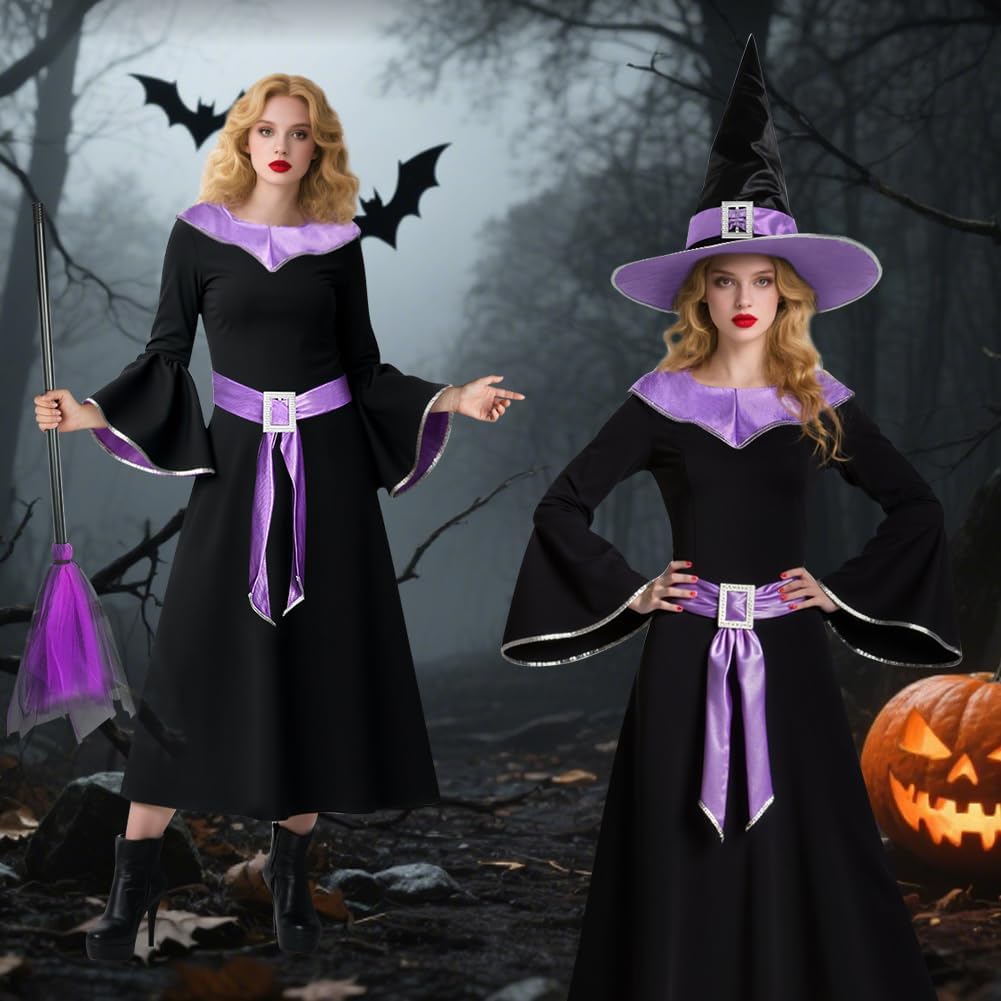 Thumbnail 4 de BSBUY Hexenkostüm Damen 5-teilig (Schwarz/Lila) mit Kleid, Hut, Gürtel, Zauberbesen & Tattoo-Aufklebern