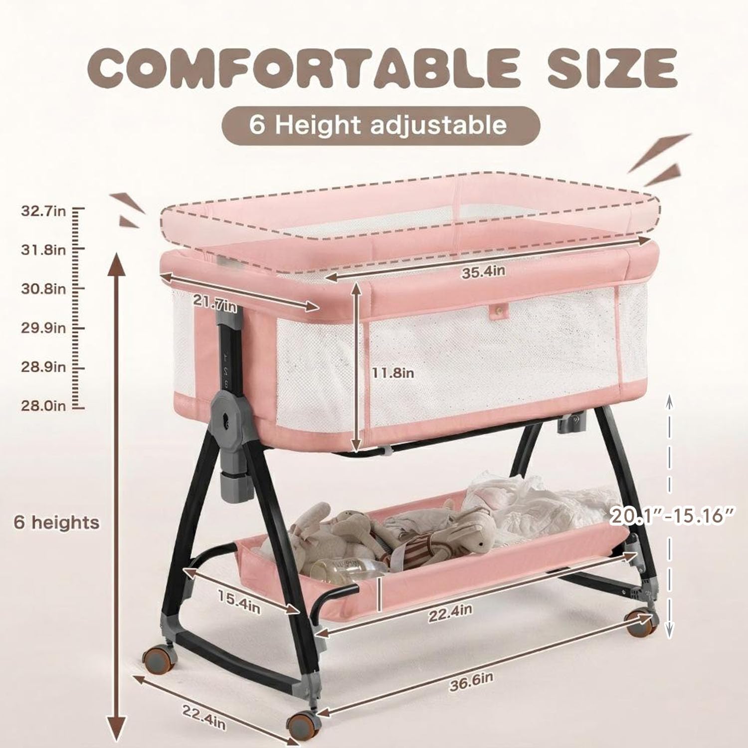 Thumbnail 5 de feelogos BB-858 Bedside Bassinet with Adjustable Height, Mesh Sides & Wheels