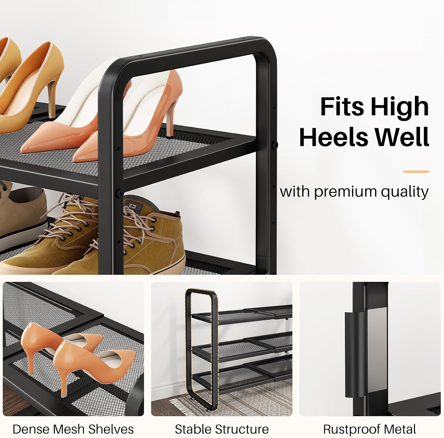 Detalle de SNTD SN-NM-SR-BK-3T-HXJ Expandable Metal Shoe Rack, 3-Tier, Black Mesh