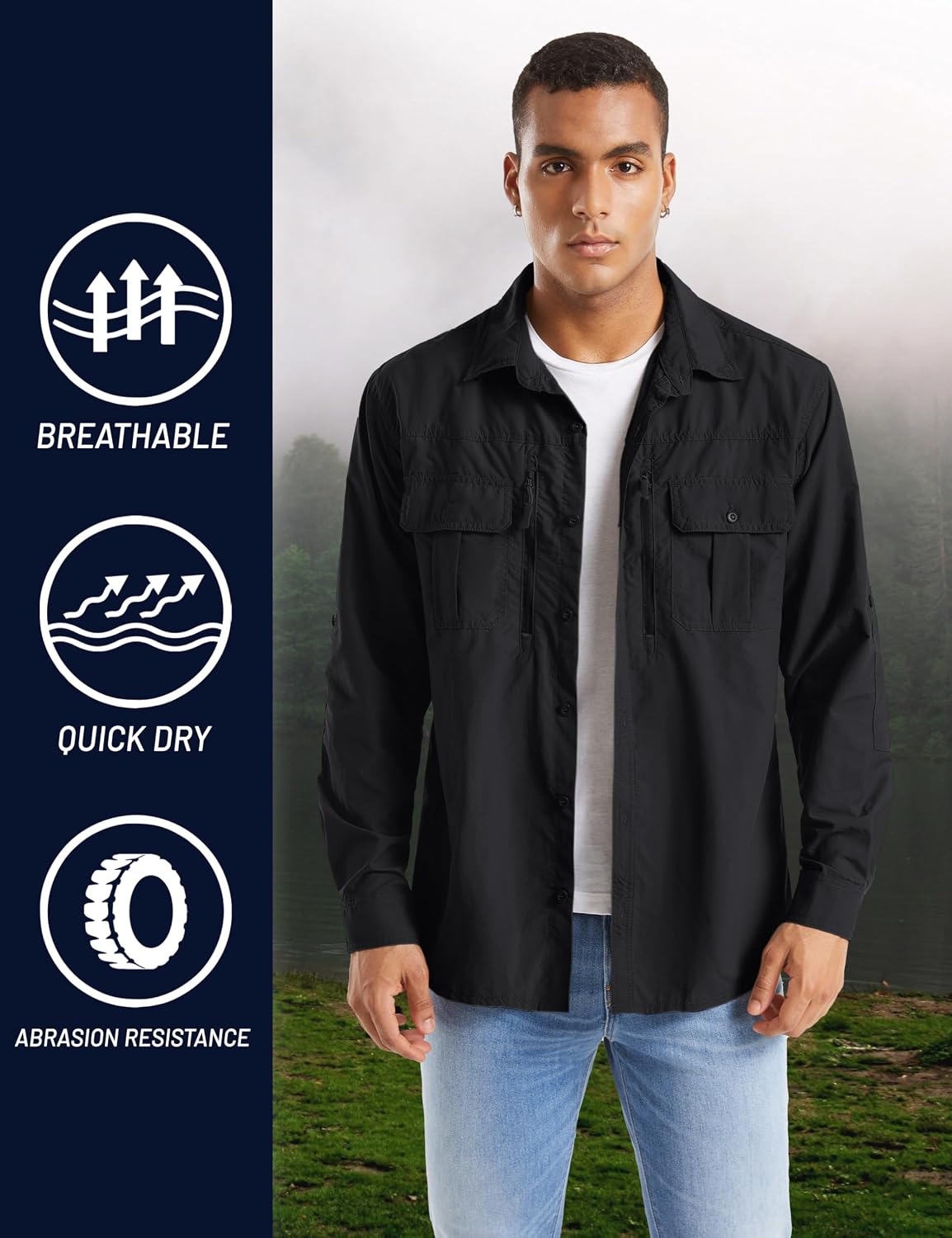 Detalle de TACVASEN Men's Tactical Button Shirt, Quick-Dry, UV Protection, Long Sleeve