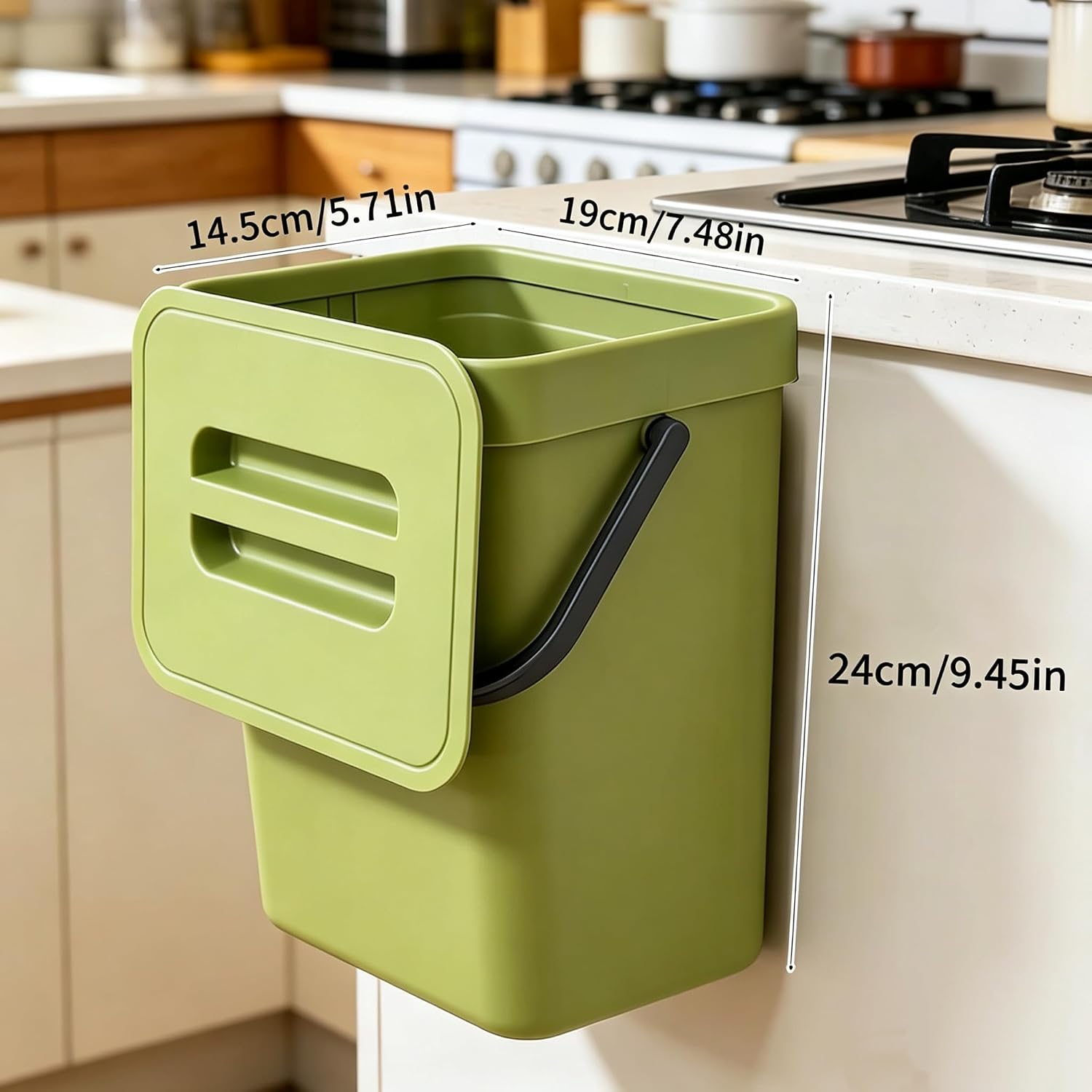 Detalle de LINLINOI hangende afvalemmer van 5 liter met deksel, groen