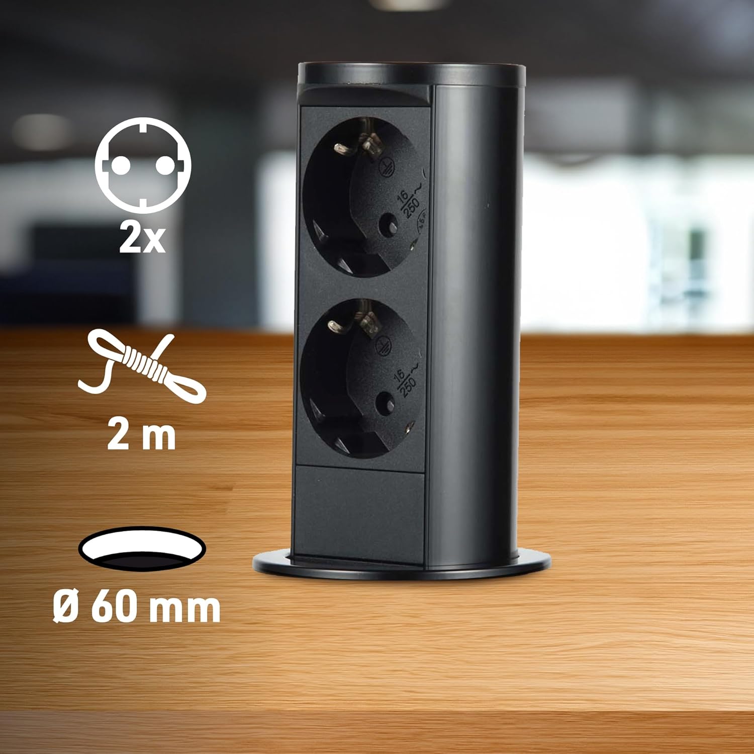 Thumbnail 3 de Electraline 62586 Multipresa Pop-up a Scomparsa per Scrivania/Cuina – 2 Prese Schuko, Ø60 mm, cavo 2 m