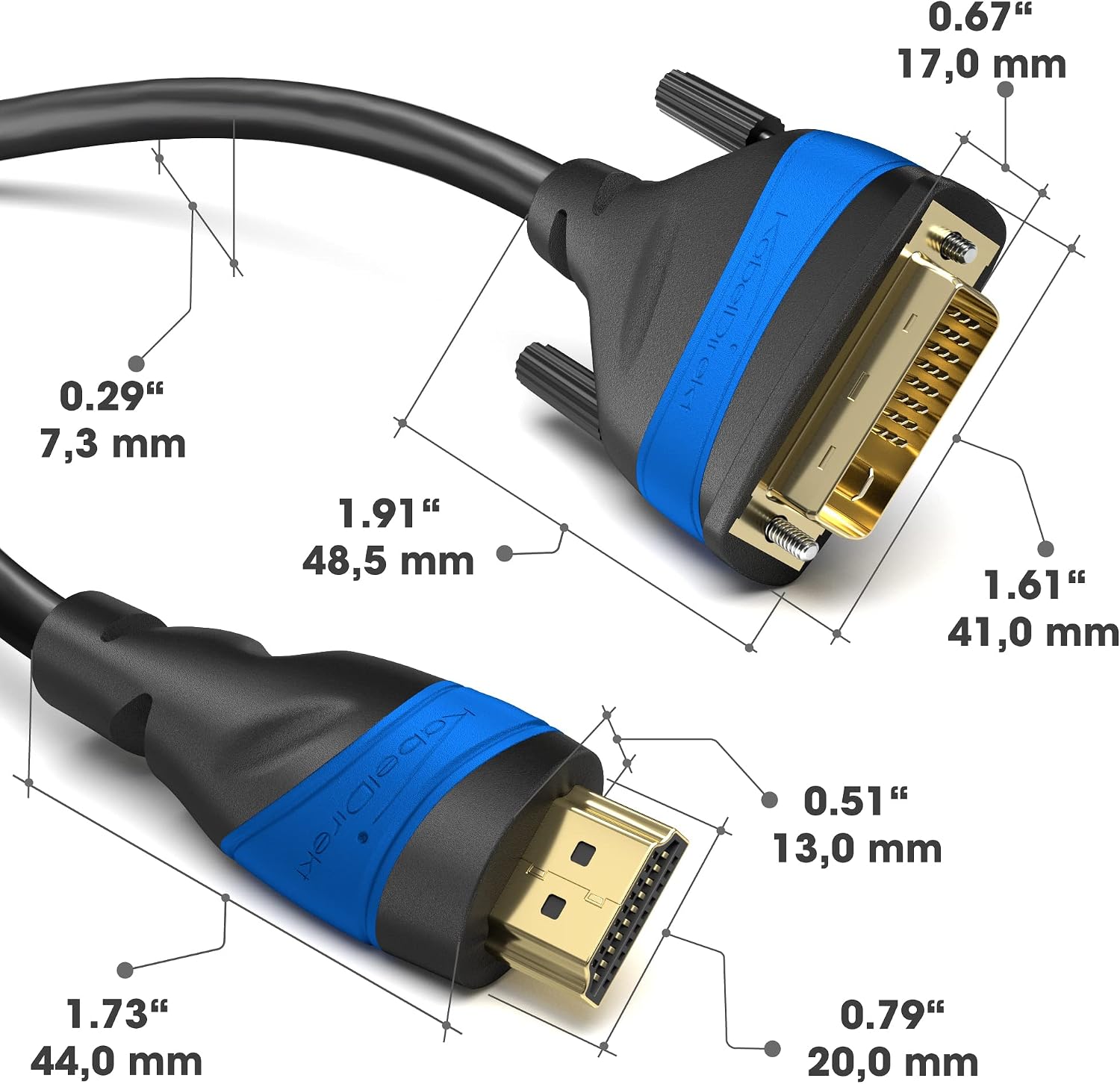Detalle de KabelDirekt HDMI-DVI Adapterkabel, bi-direktional 2 × 0,5 m – DVI-D/24+1 oder DVI-I/25+5, Full HD 1080p