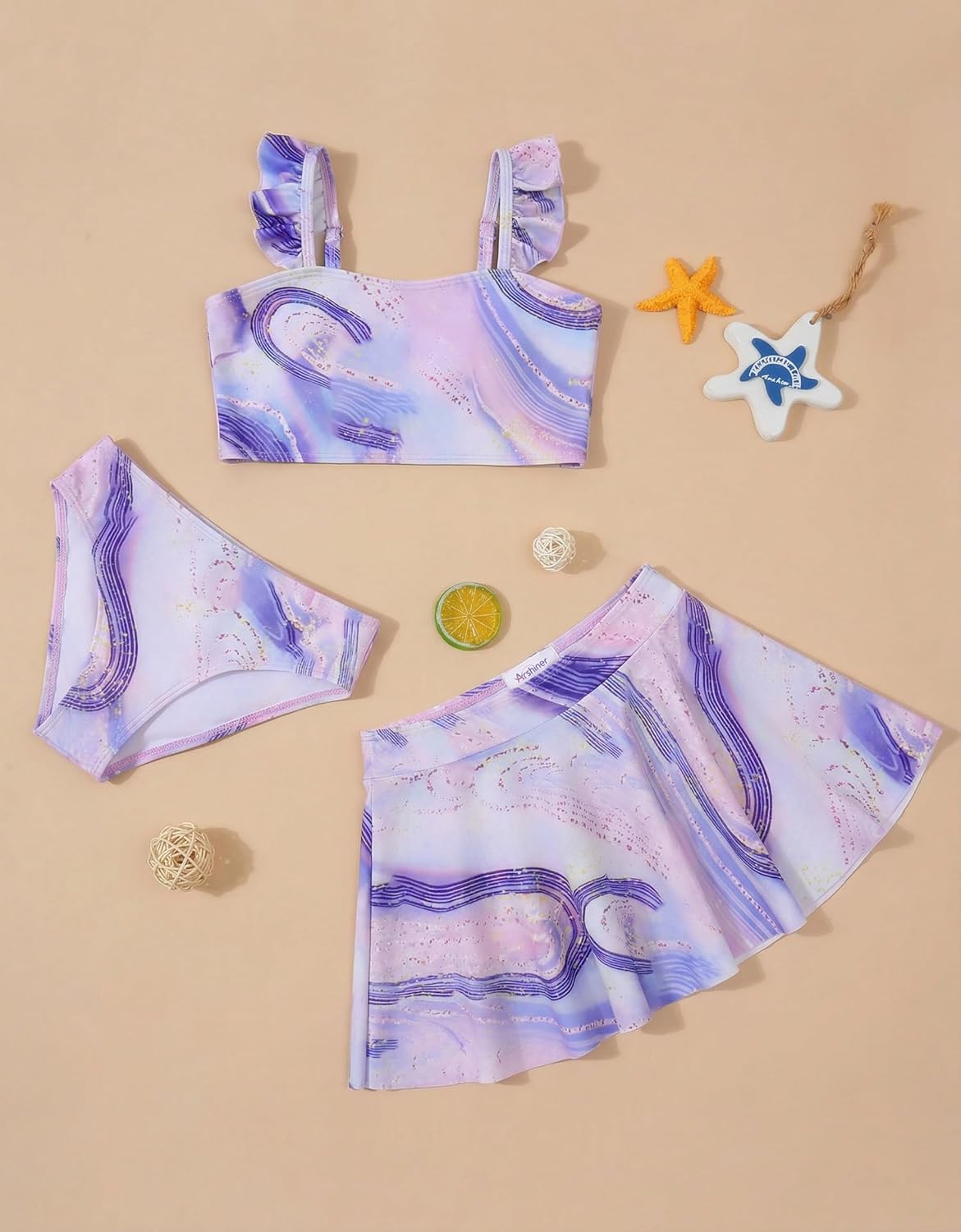 Thumbnail 1 de Arshiner Ensemble Bikini 3 Pièces pour Filles — Maillot Sirène à Volants avec Jupe (5–12 ans)