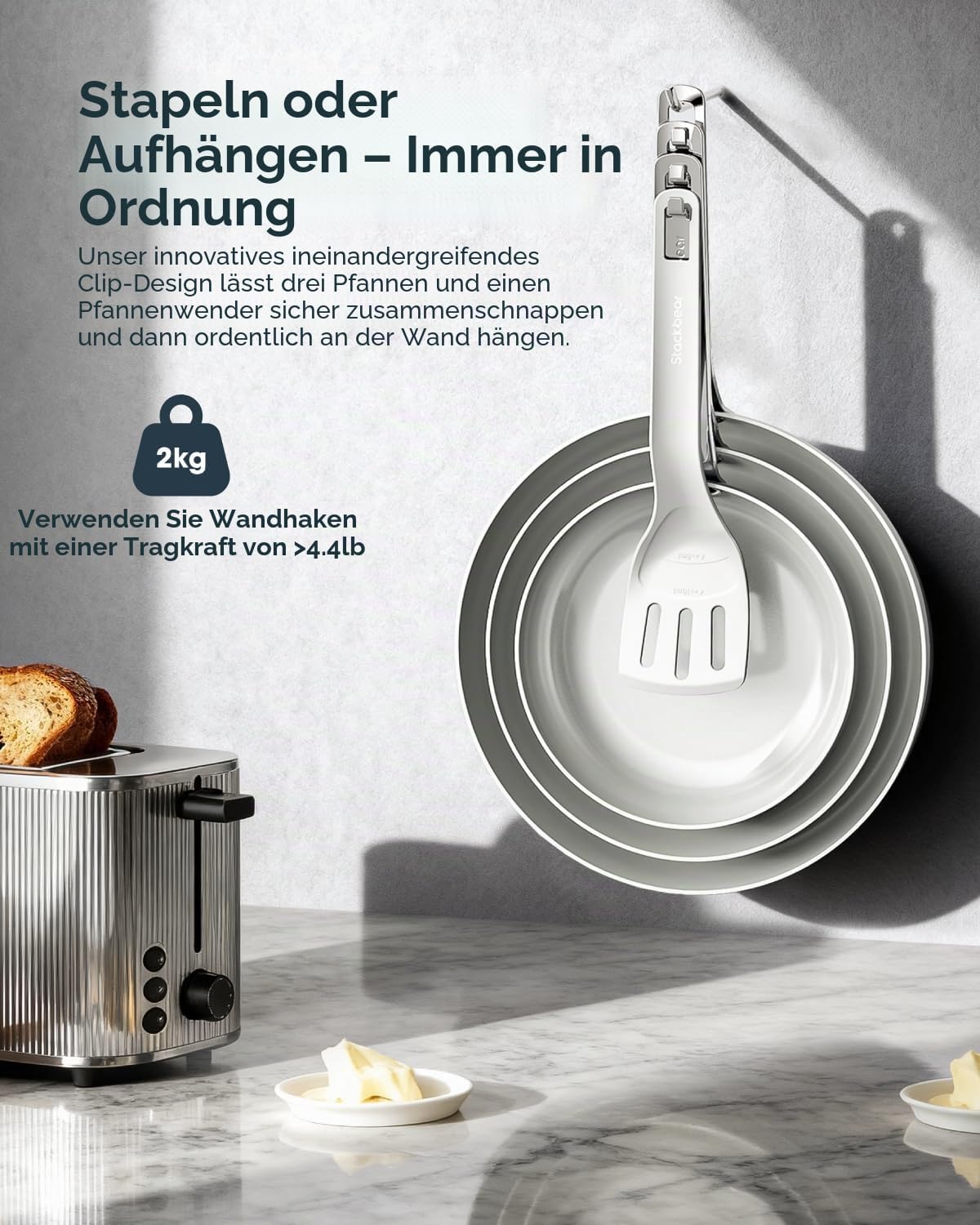 Detalle de Stackbear Antihaft-Pfannenset Induktion, 3-teilig (20/24/28 cm) – PFAS, PTFE & PFOA frei, spülmaschinen- und ofenfest