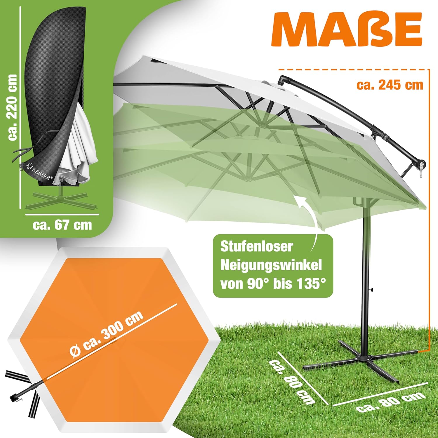 Thumbnail 1 de KESSER® Ampelschirm Ø 300 cm – Belüfteter Sonnenschutz aus Alu mit Kurbel, 360° Rotation, Weiss