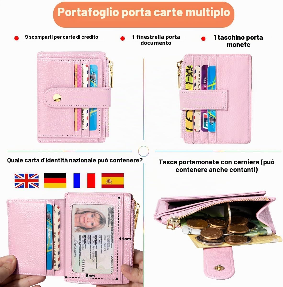 Detalle de BTNEEU Porta Carte di Credito in Pelle RFID: Portafoglio Slim con Portamonete e Zip, 9 Slot