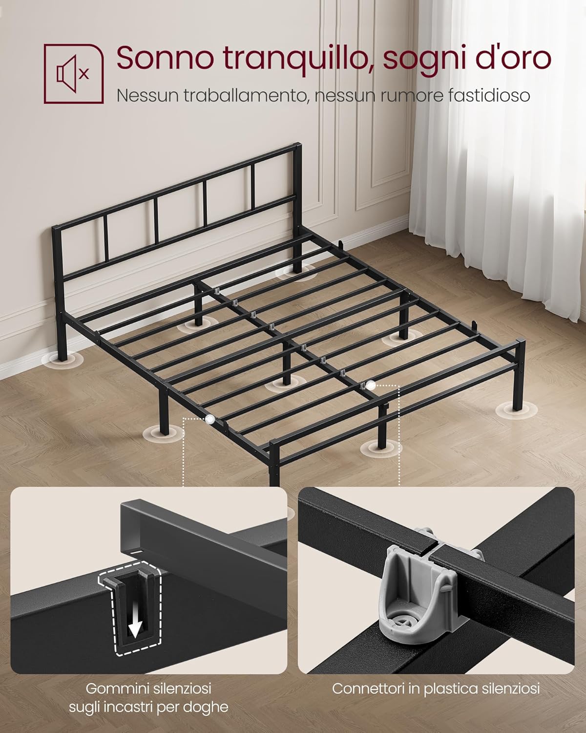 Detalle de VASAGLE Struttura Letto Matrimoniale 160 x 200 cm RMB295B101 – Telaio in Metallo, 500 kg, Nero Inchiostro