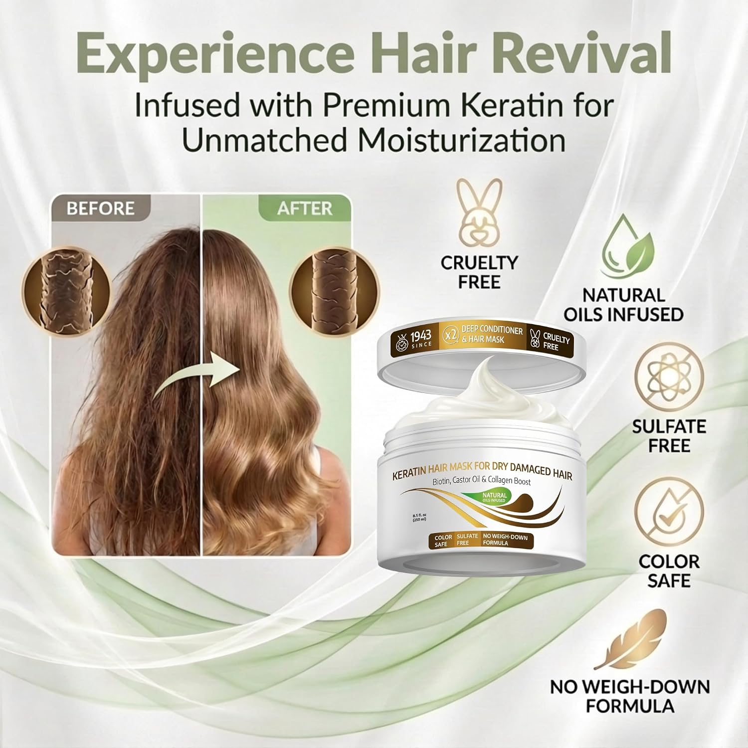 Detalle de VITAMINS Hair Cosmetics Keratin Hair Mask Protein Repair Treatment (Biotin, Collagen & Castor Oil) — 8.5 fl oz