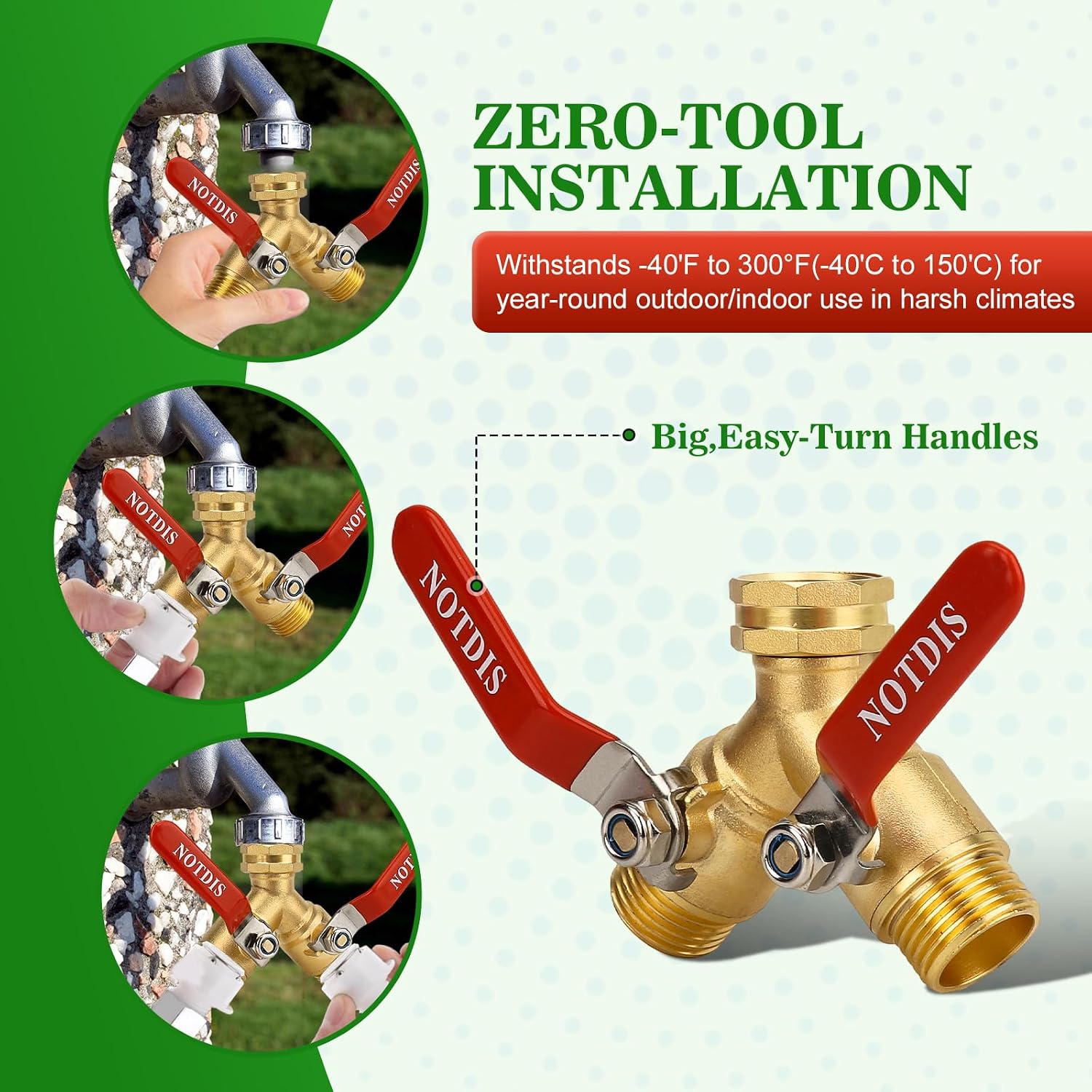 Detalle de NOTDIS Splitter 2-Way Garden Hose Splitter, Brass, 304 Stainless Steel, 3/4-Inch GHT