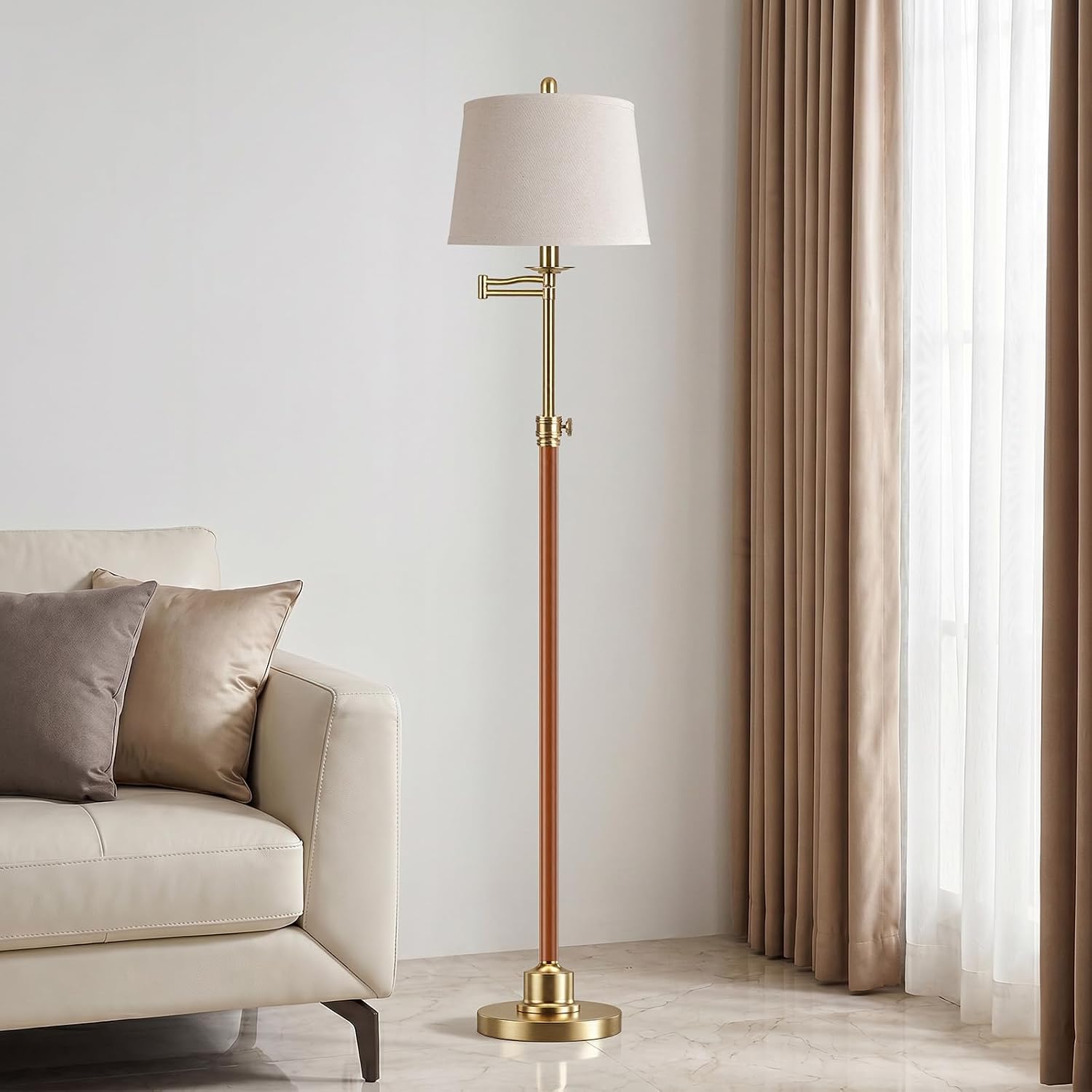 Thumbnail 6 de Vintage Walnut Gold Floor Lamp with 350° Swivel Arm and Adjustable Height