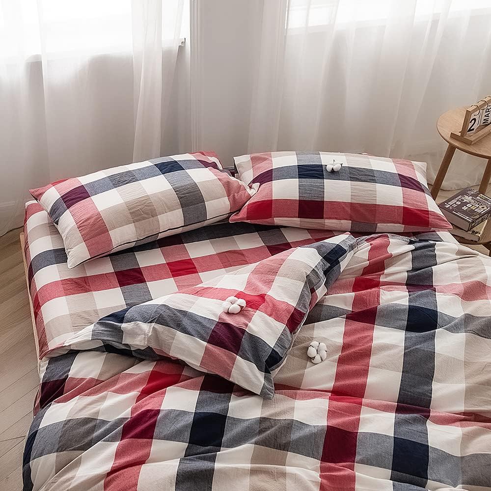 Thumbnail 1 de FACE TWO FACE Twin Duvet Cover Set, 100% Washed Cotton, Blue Red Grid
