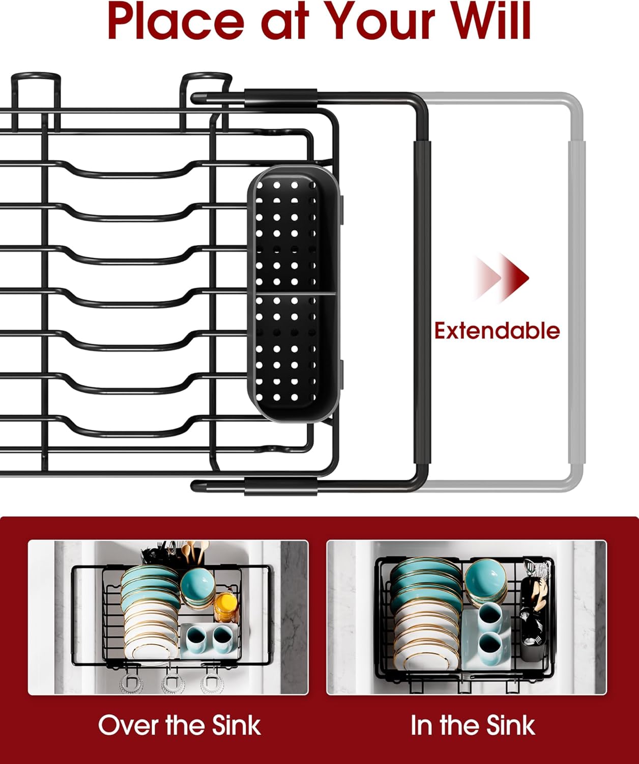 Thumbnail 4 de Sakugi Dish Drying Rack in Sink (Expandable Stainless Steel) with Cutlery Holder, Cup Holders, and Drain Strainer, Black