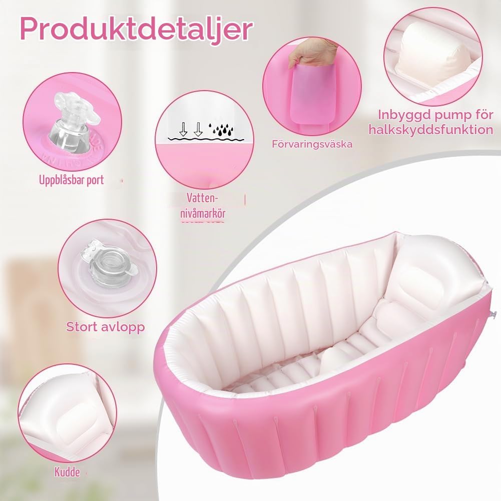 Detalle de AUYAO uppblåsbart babybadkar i rosa PVC med pump och avtappningsplugg