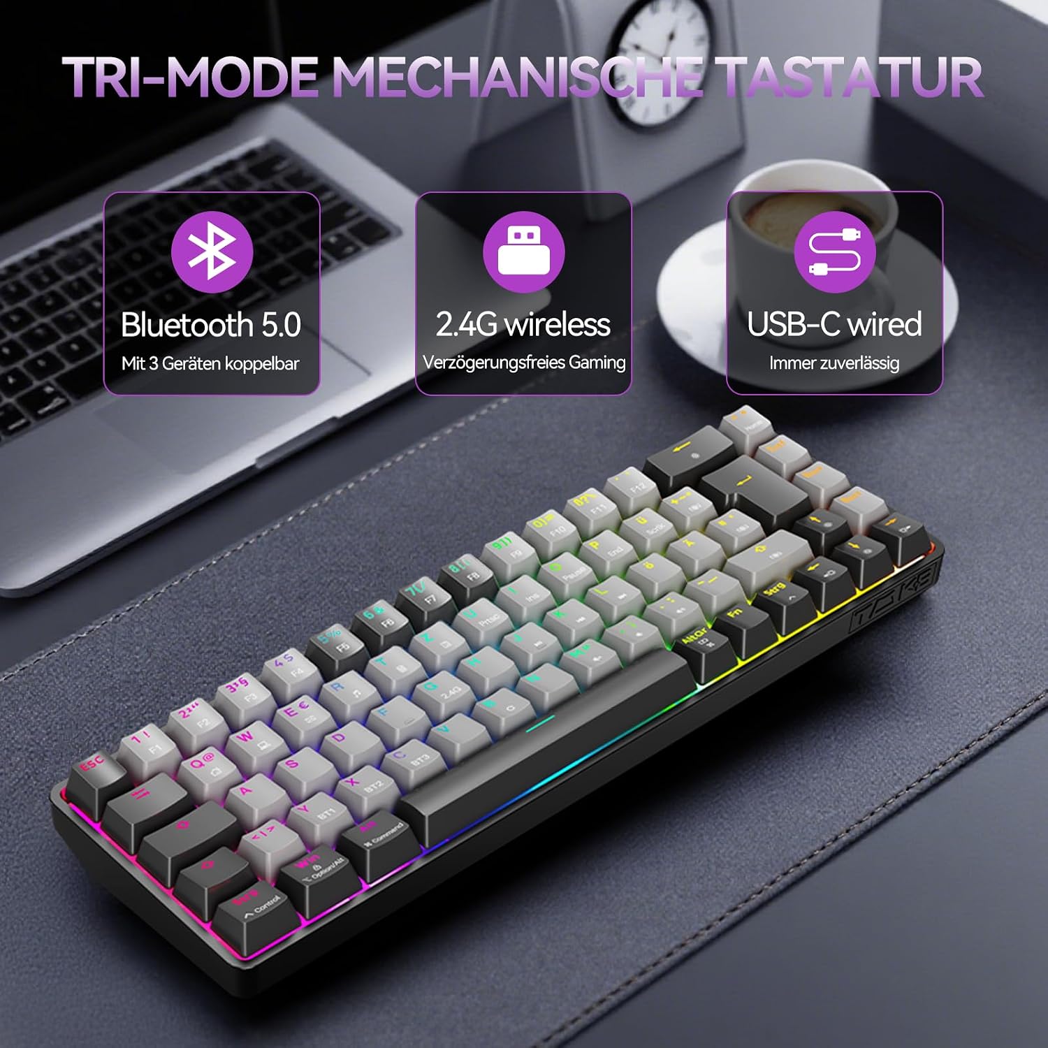 Detalle de TMKB T68 Gaming-Tastatur (68 Tasten, kabellos) – 60% mechanisch mit RGB, Bluetooth/2.4G/USB-C, deutsches QWERTZ
