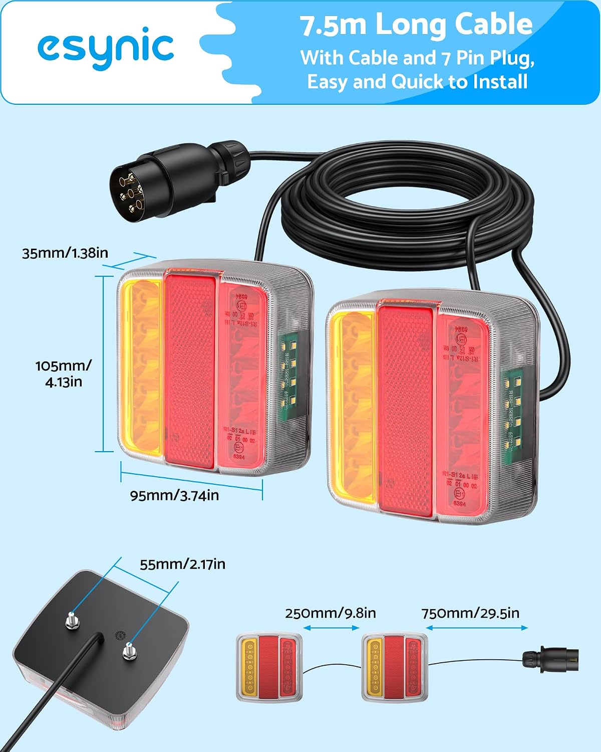 Detalle de eSynic 2 Pack Professional LED Trailer Lights (7.5m cable, 7-pin plug) Waterproof 12V bolt-mount kit