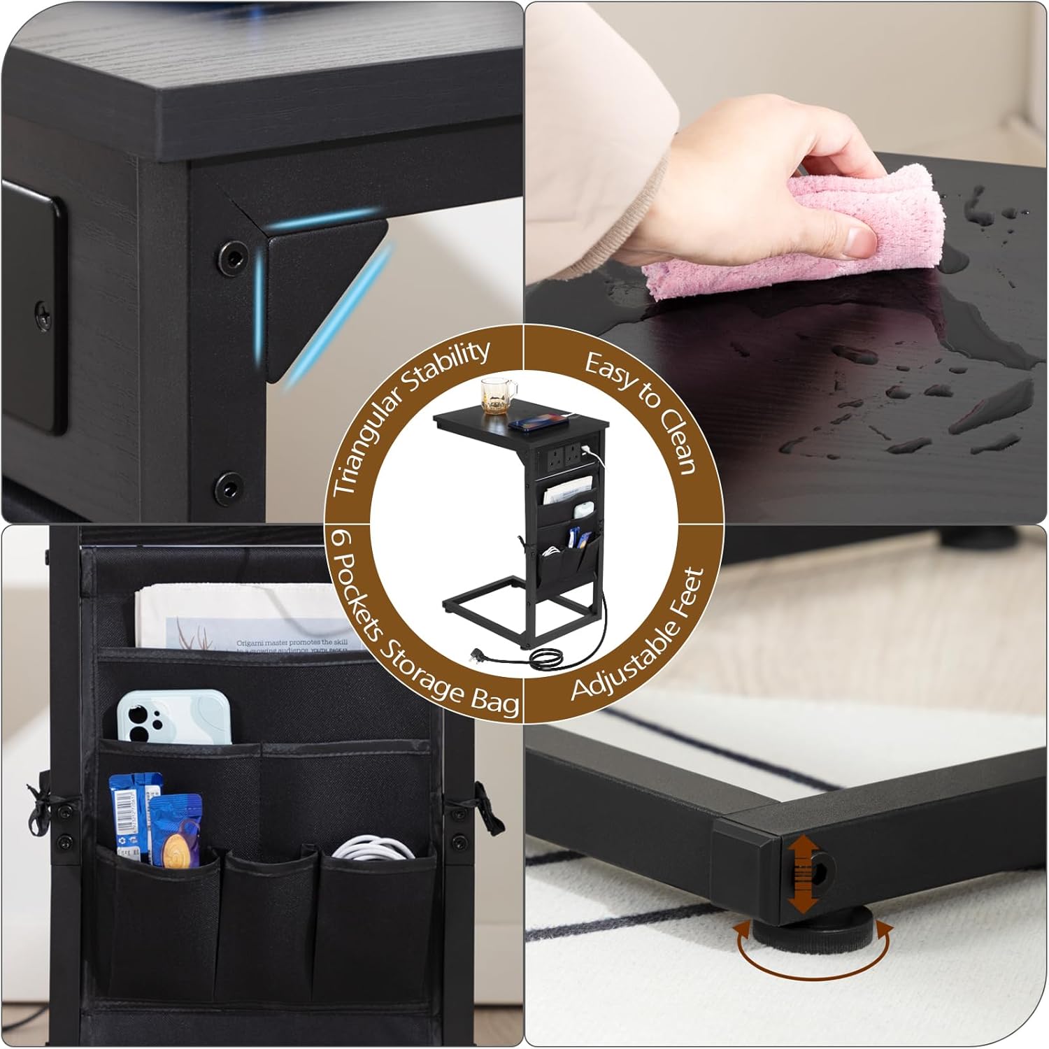 Thumbnail 6 de AMHANCIBLE C-Shaped Side Table with Charging Station (set of 2) – 2 USB & AC outlets, storage pockets HET04CBK