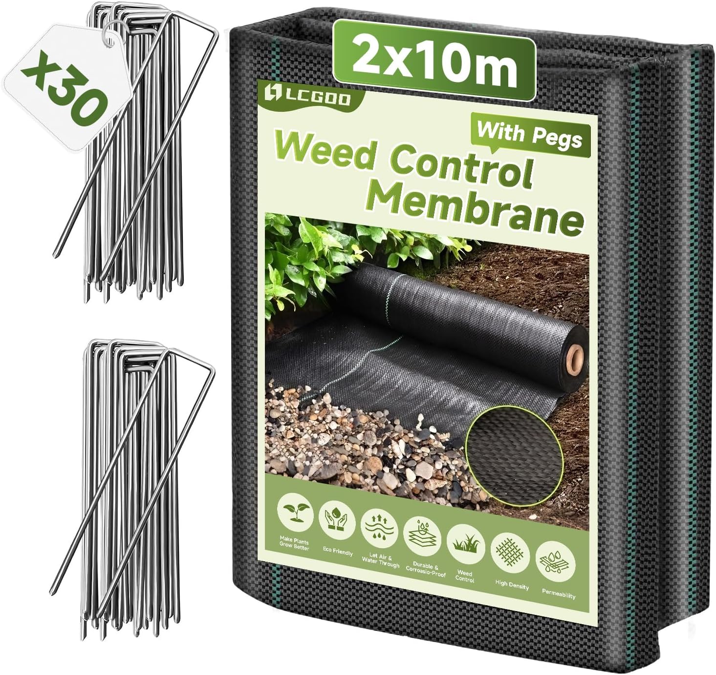 Detalle de LCGOD LC Weed Control Membrane onkruiddoek 2 x 10 m, 100 g/m², 30 haringen
