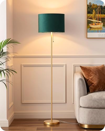 Detalle de EDISHINE Lampada da Terra Soggiorno: Paralume in velluto verde & oro, stile moderno e praticità