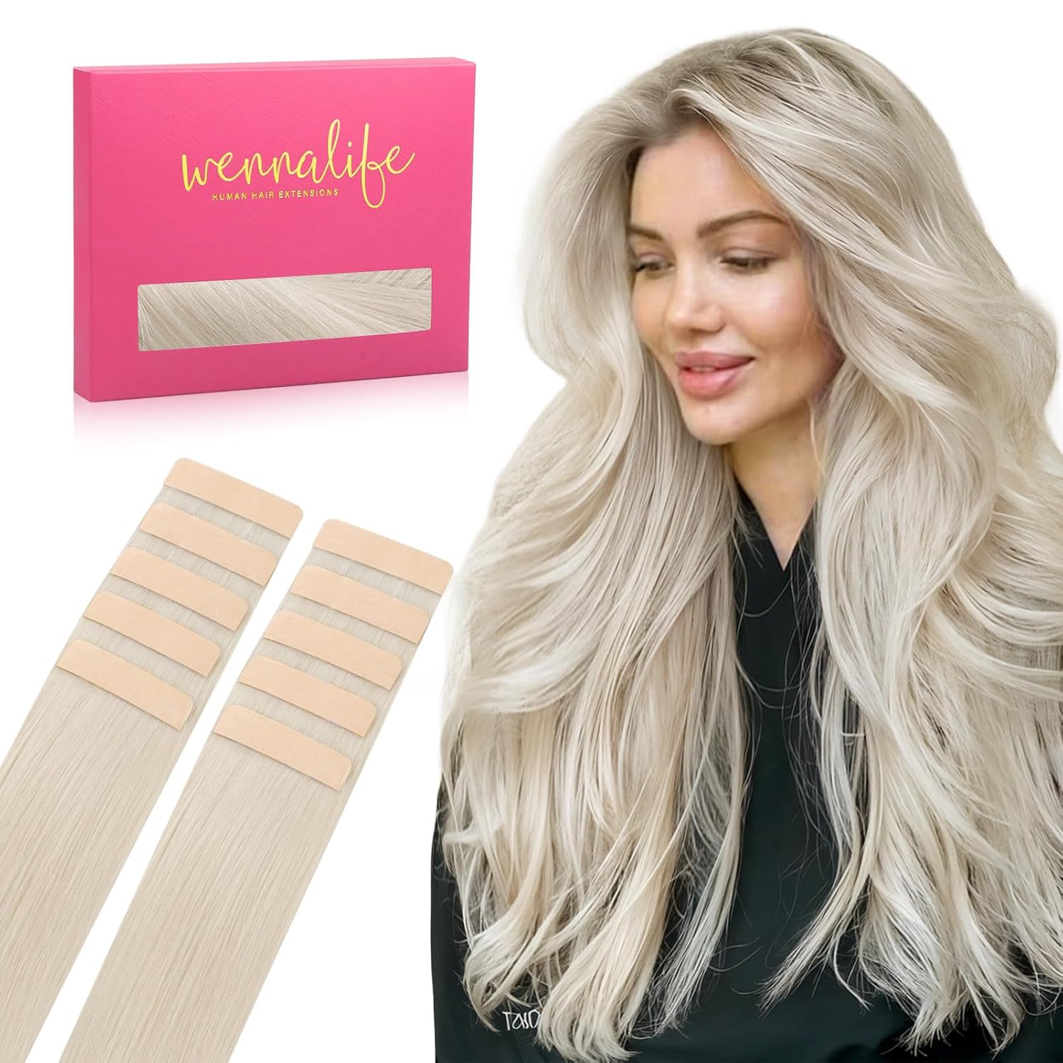Detalle de WENNALIFE Tape Extensions Echthaar – 10 Stück, 25 g, 35 cm, Platinblond – Remy Invisible Tape Extensions