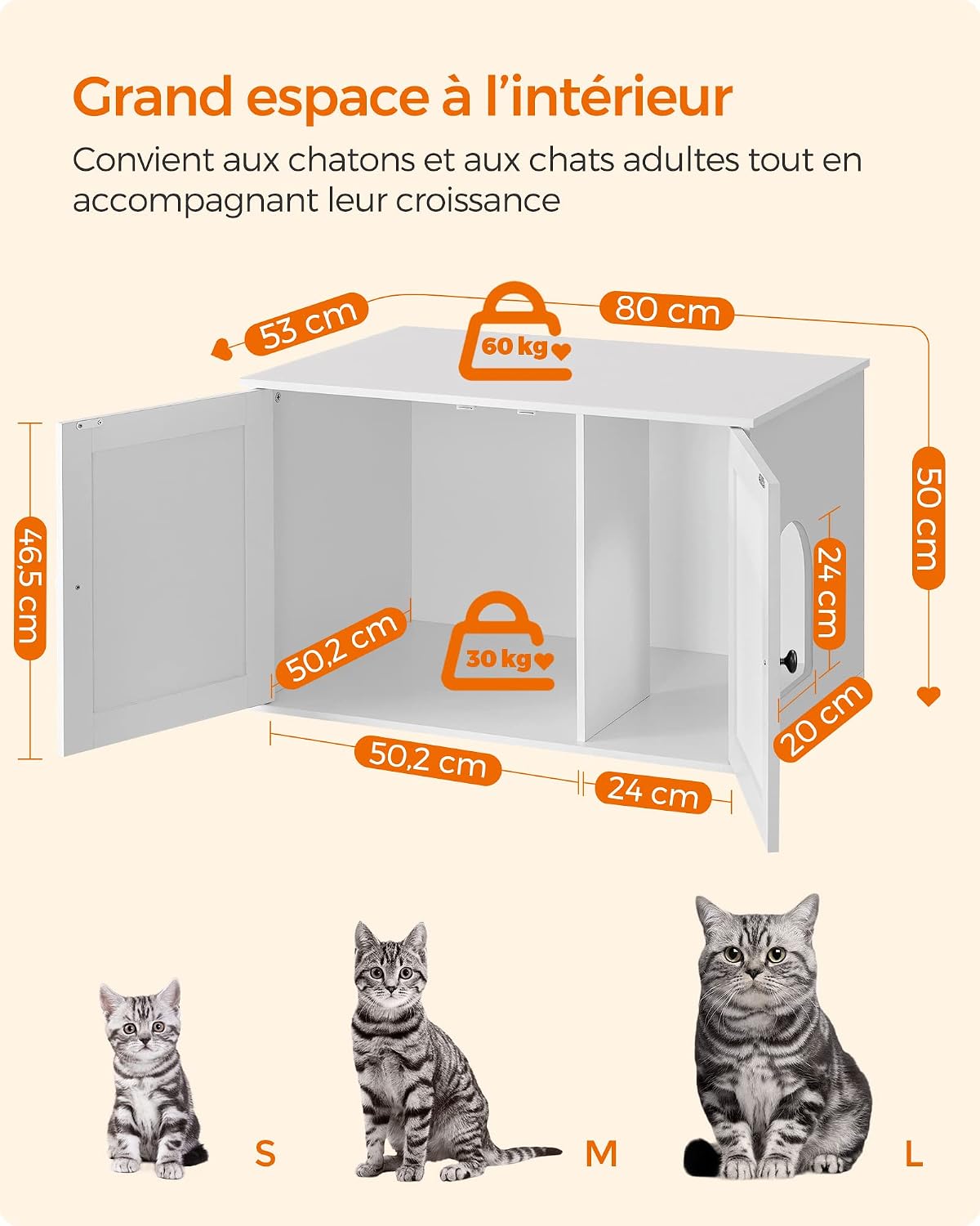 Thumbnail 6 de Feandrea Maison de Toilettes pour Chat — Cache-litière et niche blanche, 80 x 53 x 50 cm