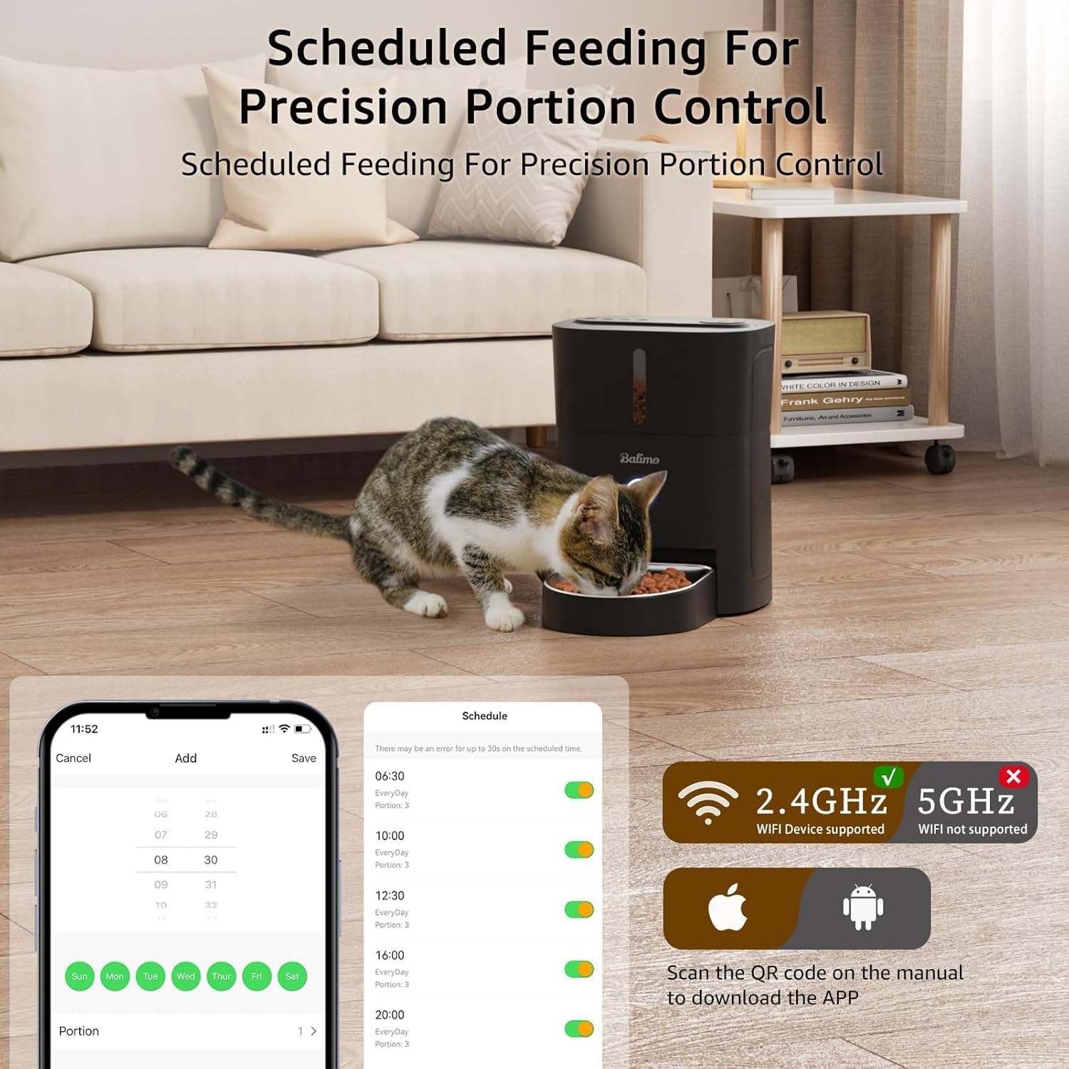 Detalle de Balimo Distributore Automatico di Cibo per Gatti e Cani, 3L, con App WiFi 2.4G, 10 pasti/giorno e ciotola in acciaio inox