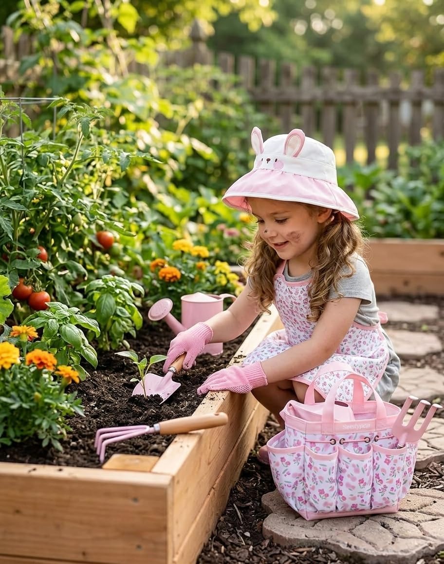 Detalle de Seedypop Kids Gardening Tool Set Toys – 8-Piece Garden Kit with Real Wood Tools, Hat, Apron, Gloves & Storage Bag (Pink Flower)