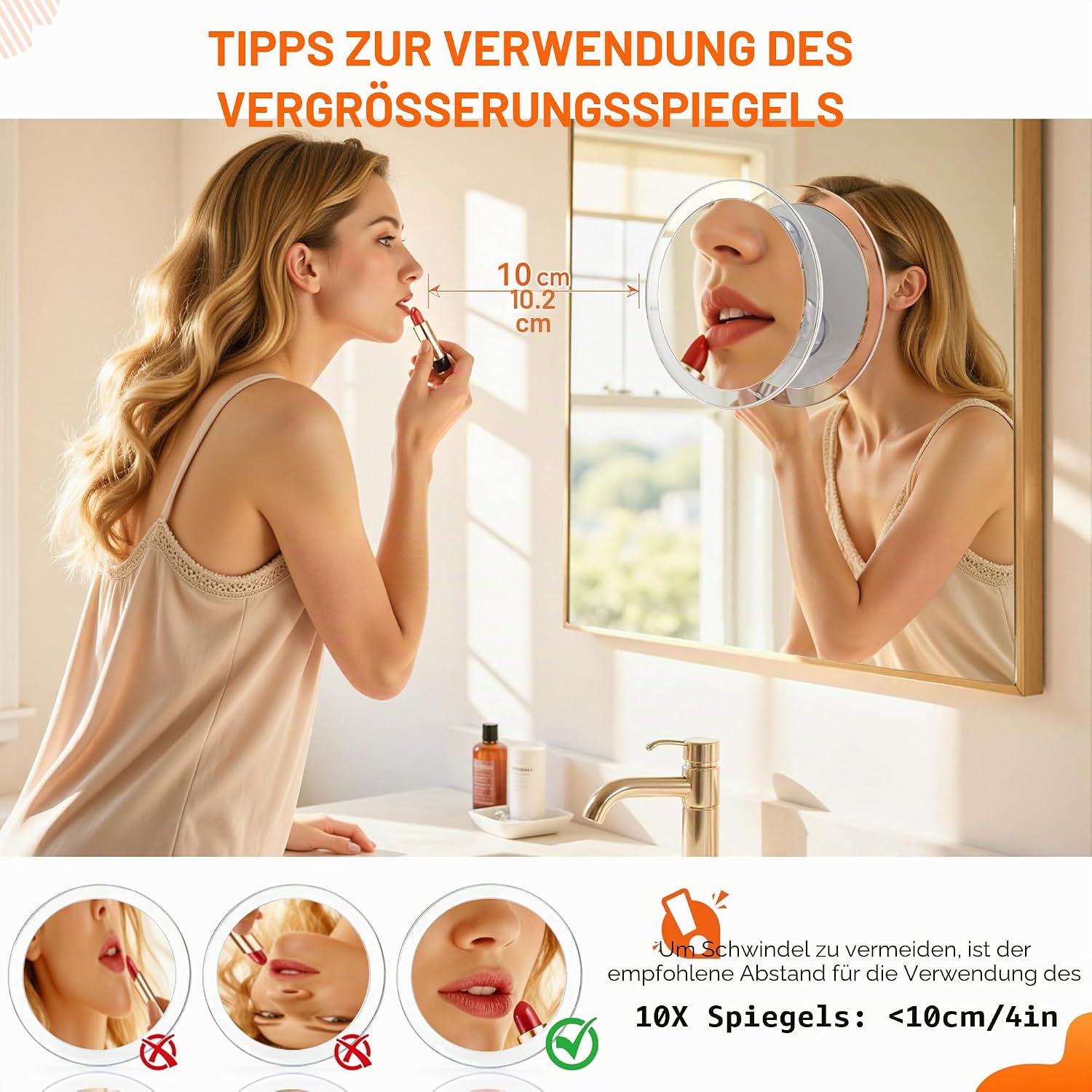 Detalle de Auxmir 10X Vergrößerungsspiegel, 15 cm – 3 Saugnäpfe, Schmink- und Präzisionsspiegel