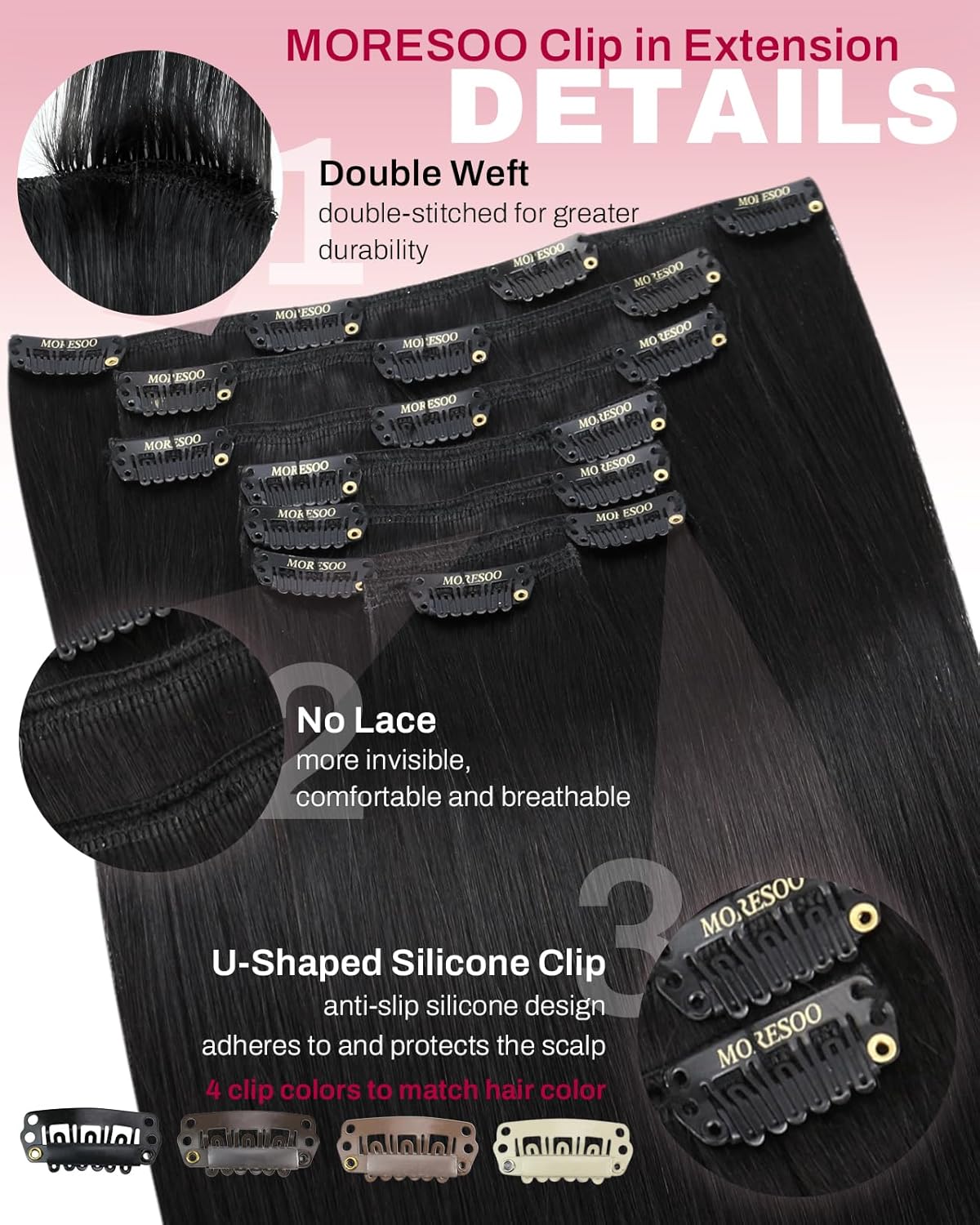 Thumbnail 3 de Moresoo Black Clip-in Hair Extensions Real Human Hair, 120g/7pcs, 20 Inch