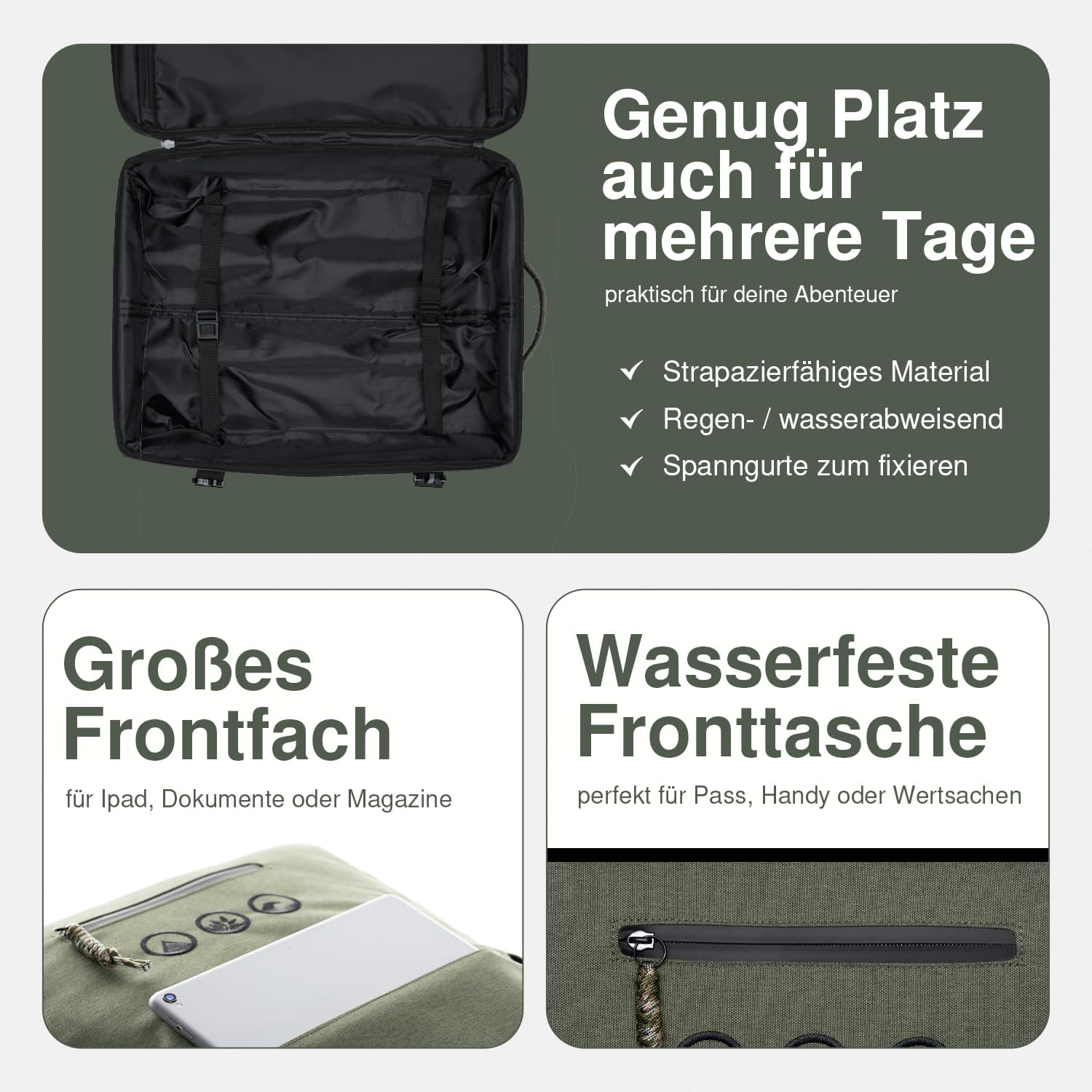 Detalle de SONS OF ALOHA Backpacker Rucksack mit Rollen 3 in 1 – 55 x 40 x 20 cm, grün-Olive