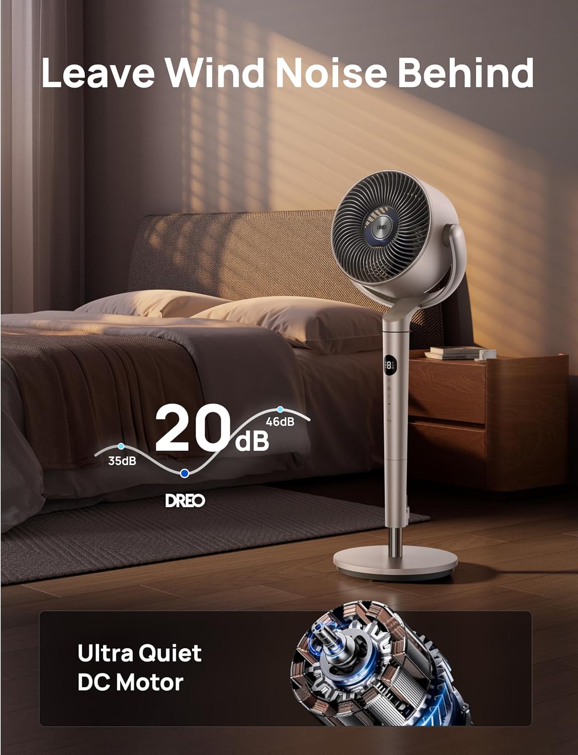 Detalle de DREO Smart Fans for Bedroom Starlight: 100 ft quiet pedestal fan with Wi‑Fi/voice, RGB light, 9 speeds & 120°/120° oscillation