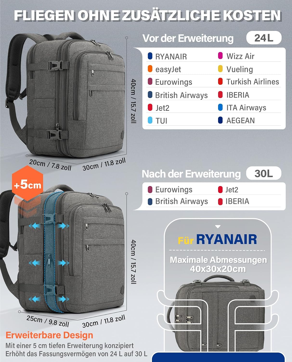 Detalle 2 de VANKEV Handgepäck-Rucksack 24–30 L für Reisen mit 15,6 Zoll Laptop