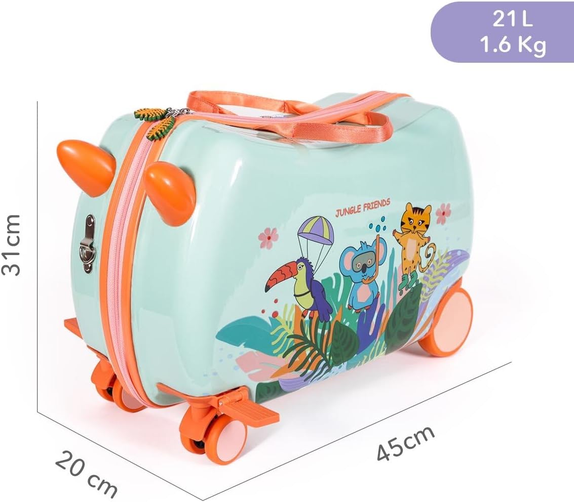 Detalle de Milk&Moo befahrbarer Kinderkoffer „Jungle Friends“ (21 L) – Rollkoffer zum Sitzen & Ziehen für 2–6 Jahre