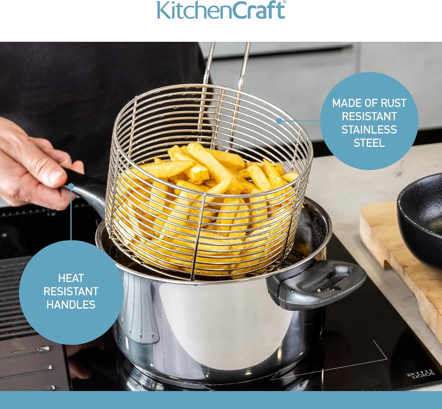 Detalle de KitchenCraft KCCHIPLRG frituurpan van roestvrij staal met mand en deksel, 20 cm