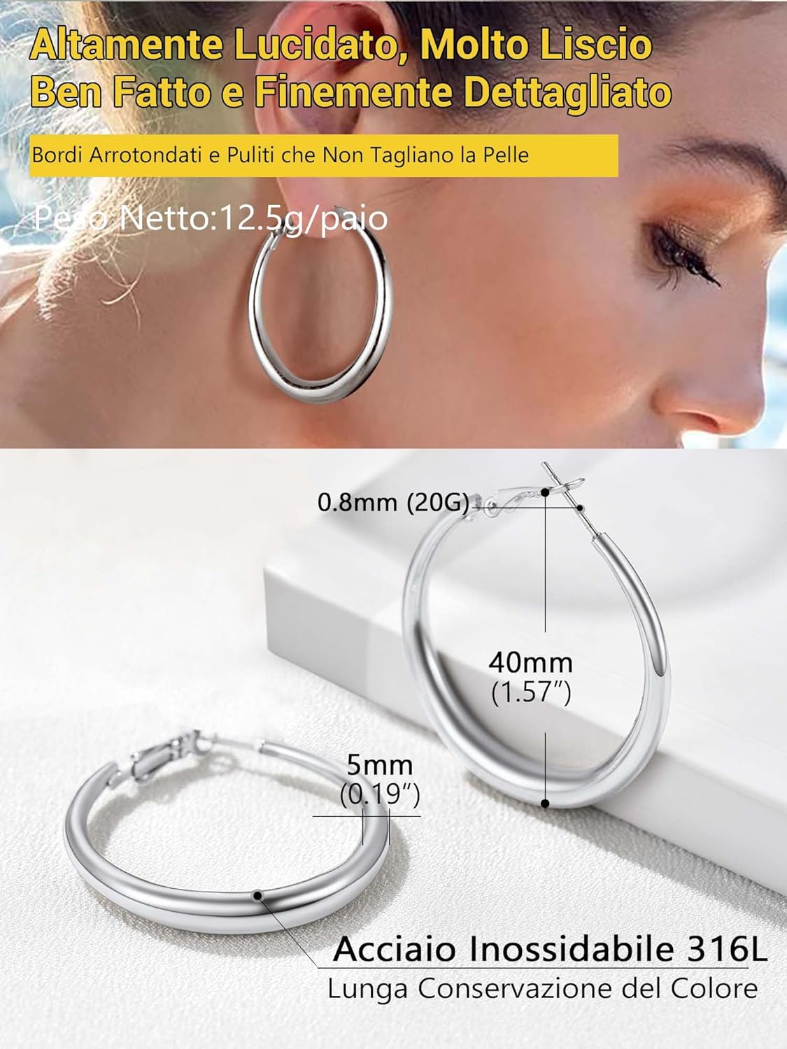 Thumbnail 1 de Orecchini cerchio PROSTEEL in acciaio chirurgico 316L con confezione regalo (40/60/80 mm)