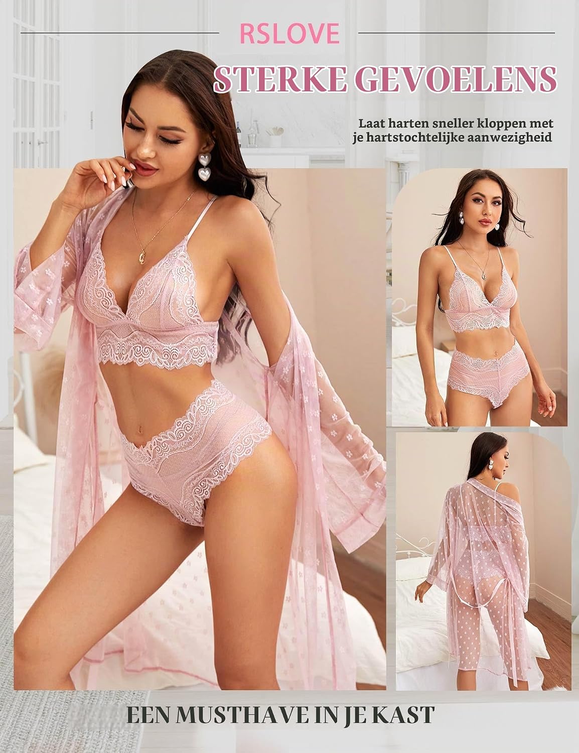 Detalle de RSLOVE kanten lingerieset met mesh badjas, 3-delig