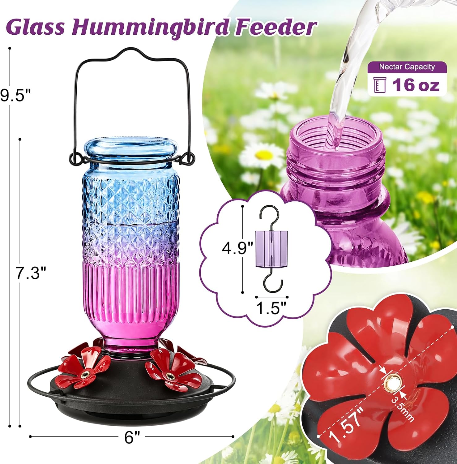 Detalle 1 de FEED GARDEN Glass Hummingbird Feeder 16 oz