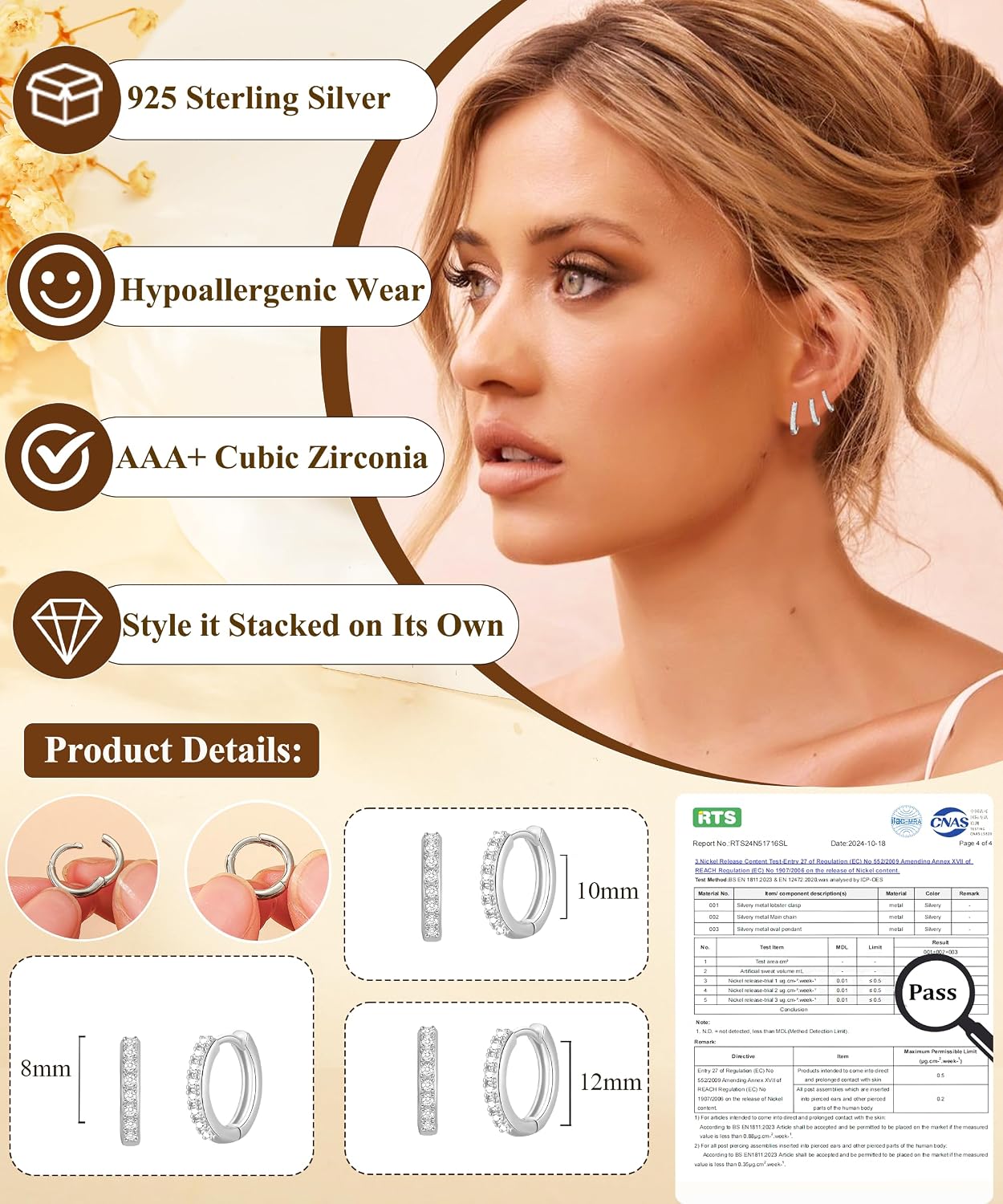 Detalle 2 de AVOTTO 3 Pairs S925 Silver Earrings – Small Huggie Hoop Set