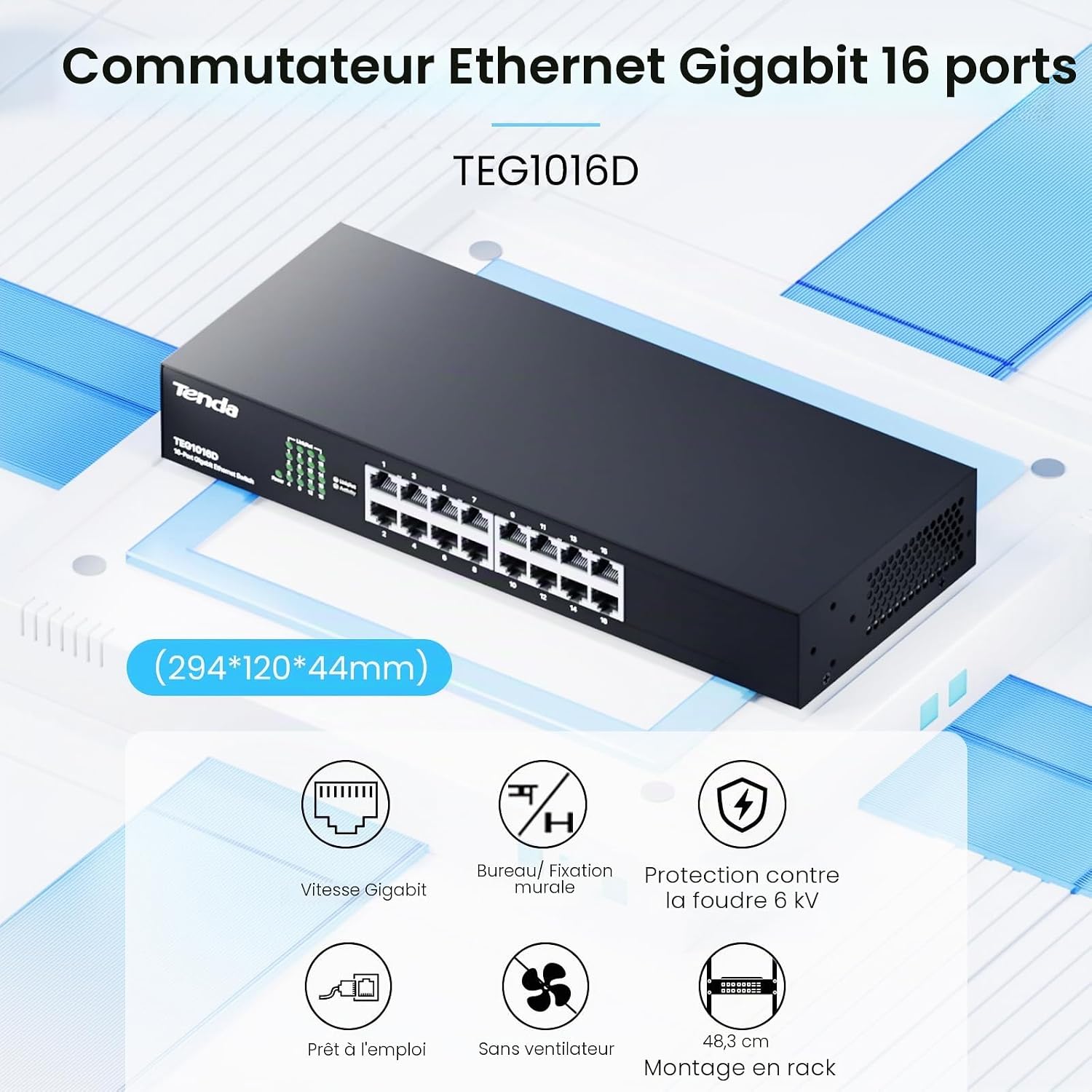 Detalle 2 de Tenda TEG1016D : Switch Ethernet 16 Ports Gigabit, acier, Plug & Play pour bureau ou petit entreprises
