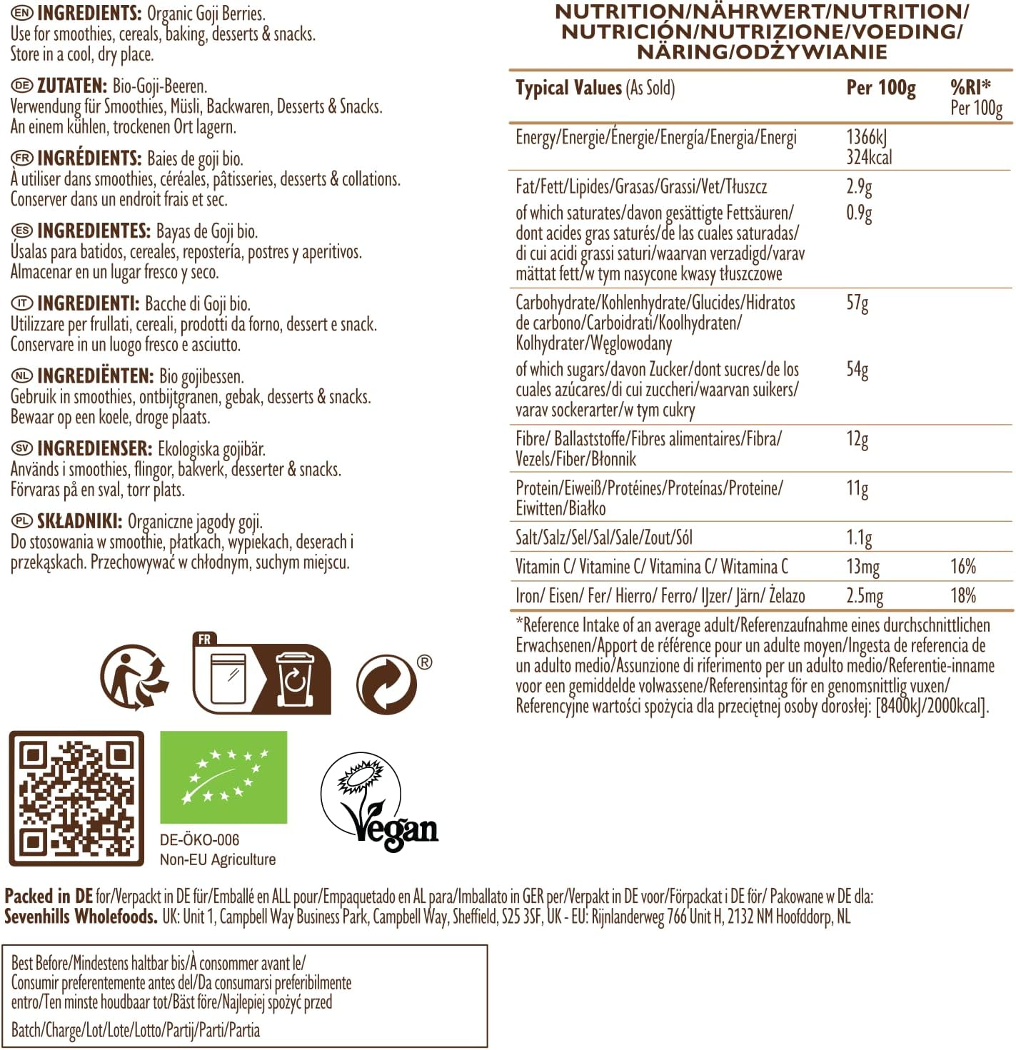 Detalle 2 de Sevenhills Wholefoods Baies de Goji 500g 🍇