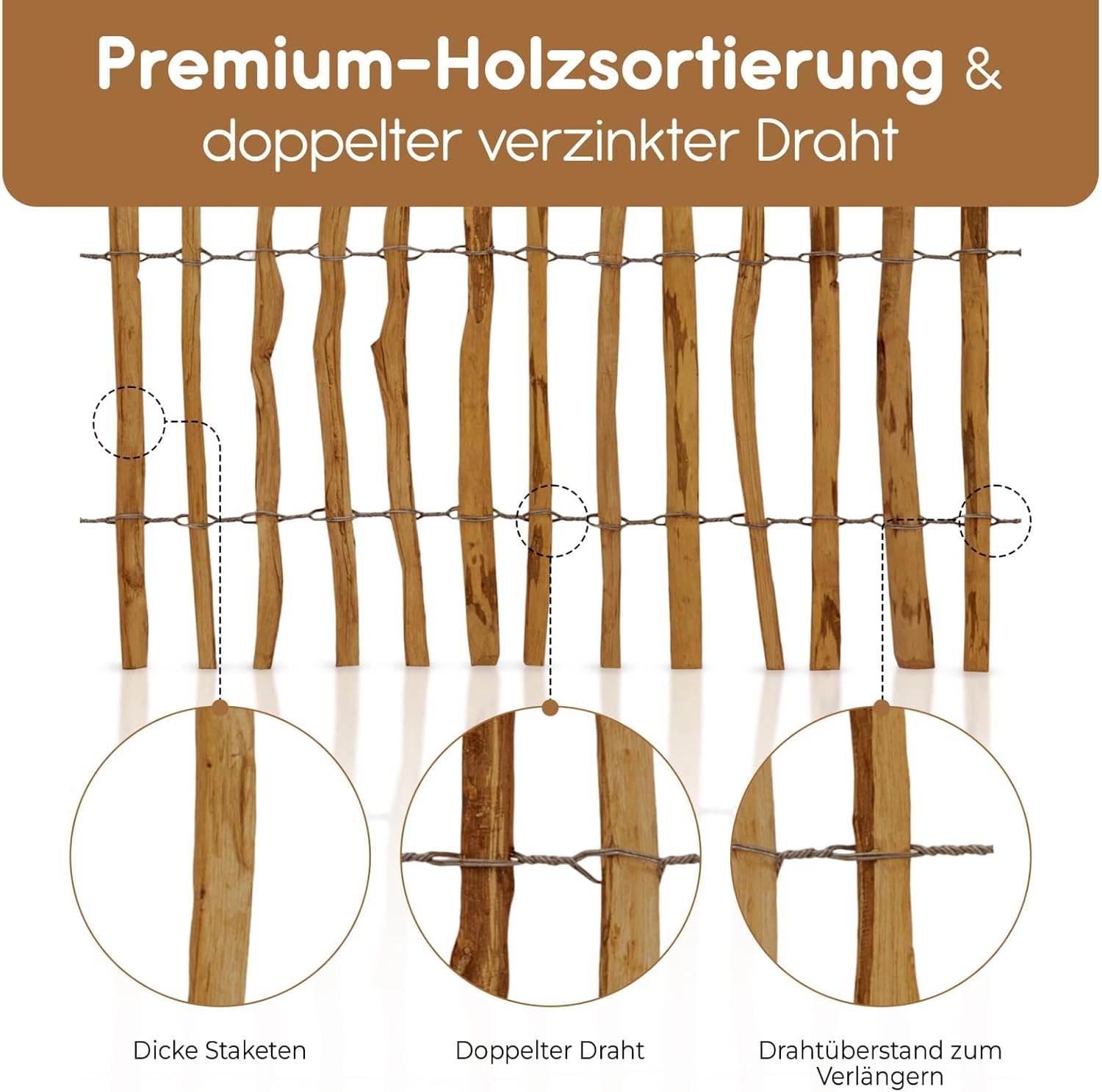 Detalle 2 de BOOGARDI Gartenzaun Holz – Staketenzaun aus Haselnuss, 50 cm hoch, 5 m lang