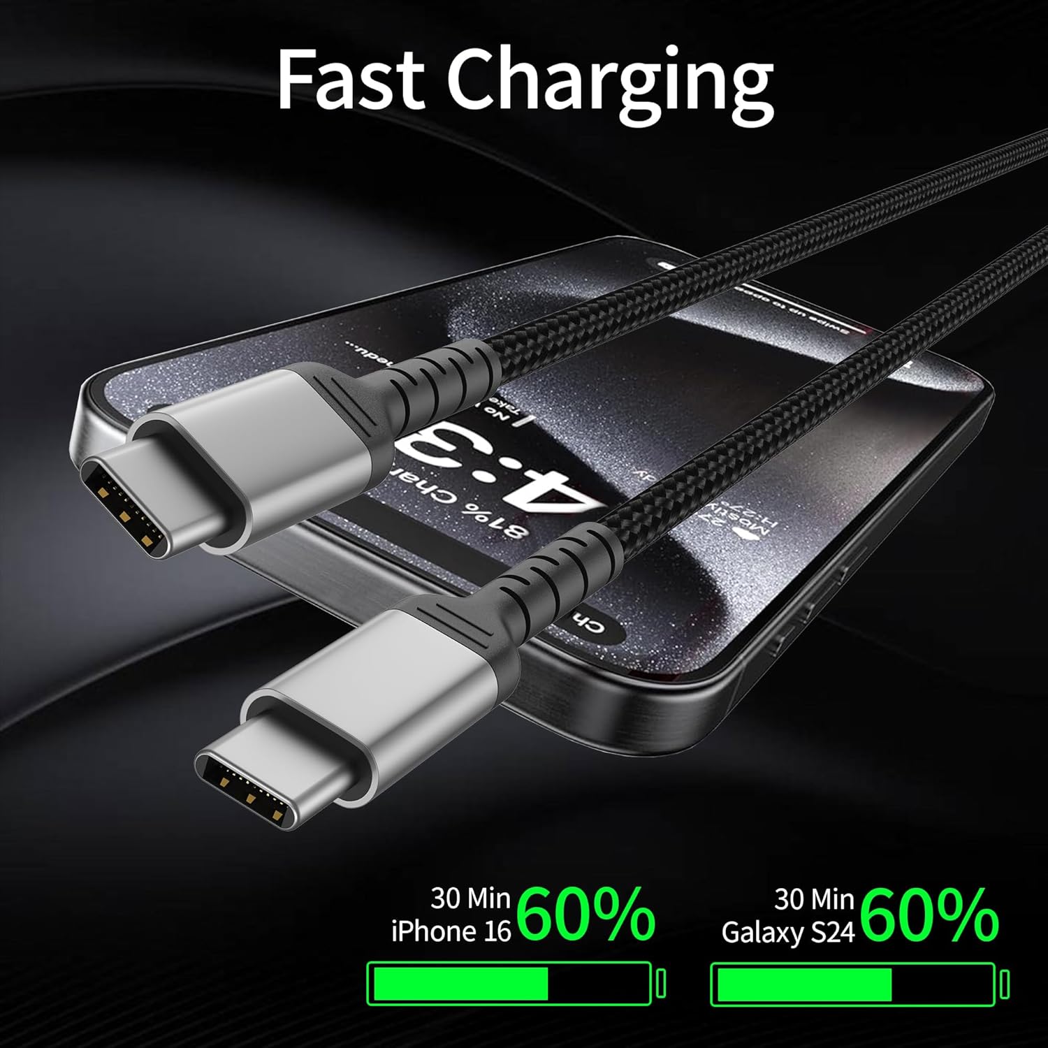 Detalle de ADILIFT USB‑C auf USB‑C Kabel 1 m – 3er Pack, 60 W Schnellladekabel, Nylon, 3 A/20 V, kompatibel mit MacBook, Galaxy, Pixel, Huawei