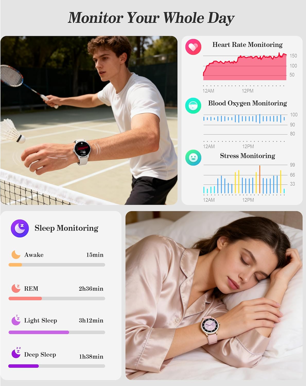 Thumbnail 3 de Smart Watch for Women, Ladies & Men with 1.27in Fitness Screen (41mm case) – Call, Heart Rate, Stress & Sleep, AI Voice, IP68