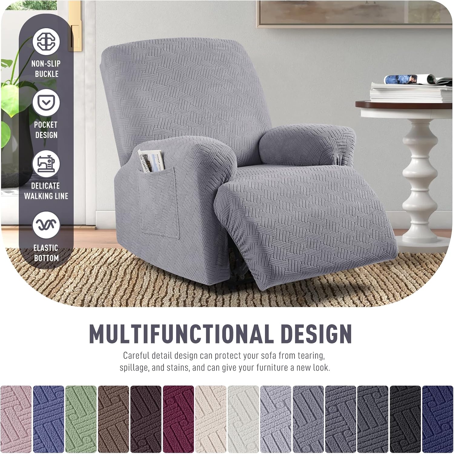 Detalle 2 de KinCam Oversized Recliner Chair Cover, Light Gray Stretch Fit, 1XL