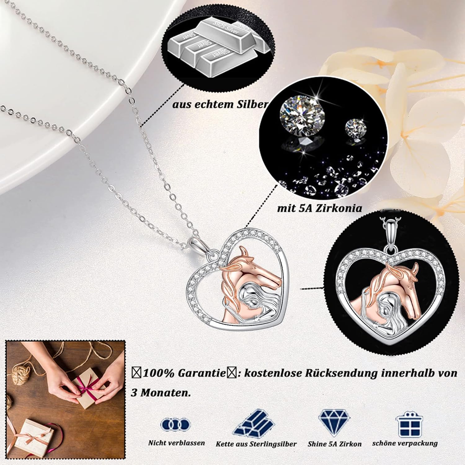 Detalle de USEEDOVIA Herz-Halskette für Mädchen – 925 Silber Weißgold/Rosegold, Pferde-Mädchen Geschenk mit Geschenkbox