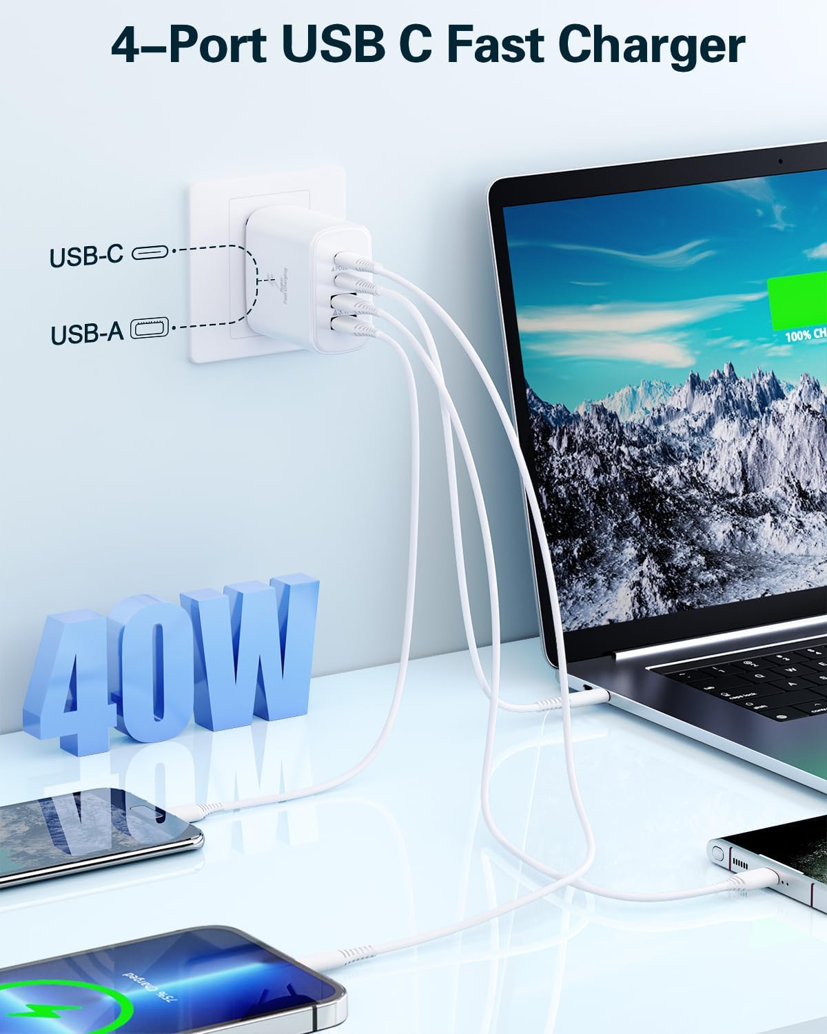 Detalle de BECHAGE USB C Charger Block 40W, 2-Pack: 4-Port Fast Charging Wall Chargers (2x USB-C + 2x USB-A) with PD & QC 3.0