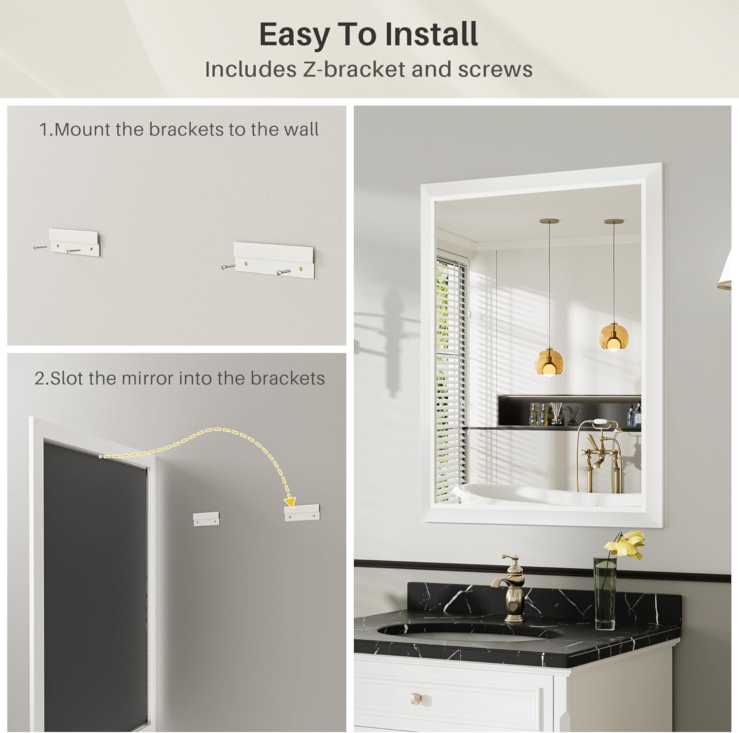 Thumbnail 5 de 24x32 Inch White Bathroom Mirror with Thick Metal Frame, Tempered Glass (Over Sink, Wall Mount)